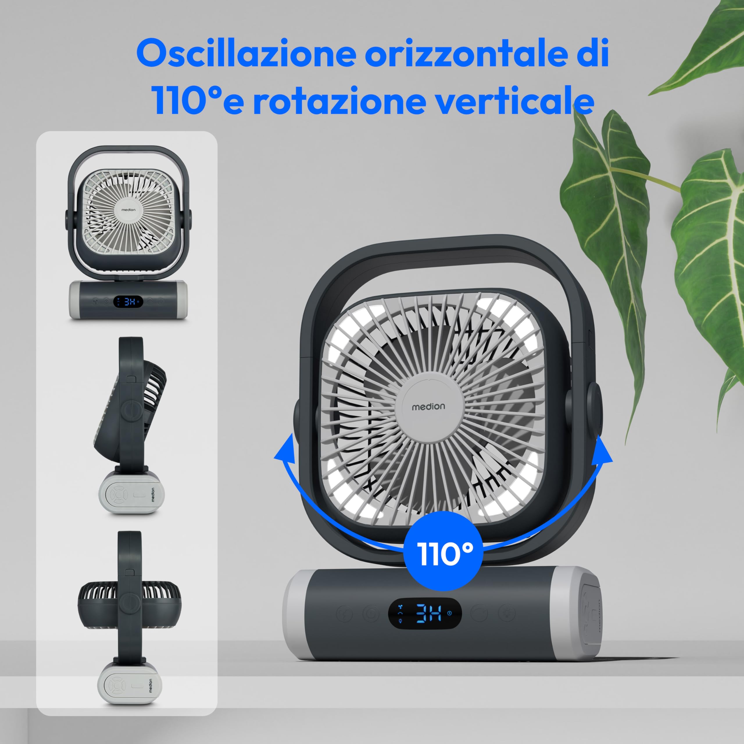 MEDION Ventilatore E10 TF (batteria, mini ventilatore USB portatile con luce, telecomando, 5 velocità, oscillazione, gancio per appendere, funzione powerbank, ideale per ufficio campeggio tenda)