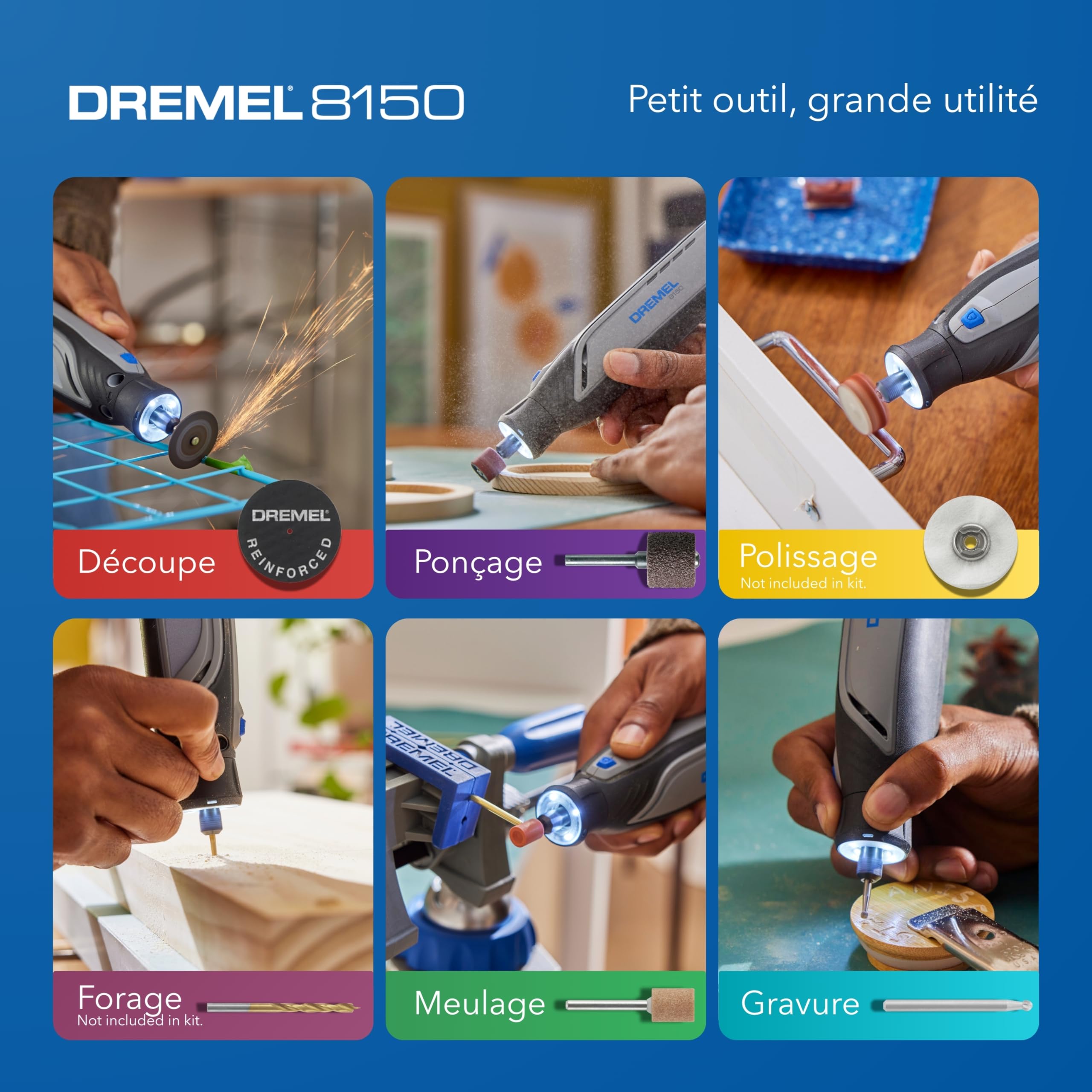 Dremel 8150 outil multi-usage sans-charbon 7,2 V batterie rechargeable USB-C 2 Ah 20 accessoires vitesse variable 5.000-30.000 tr/min