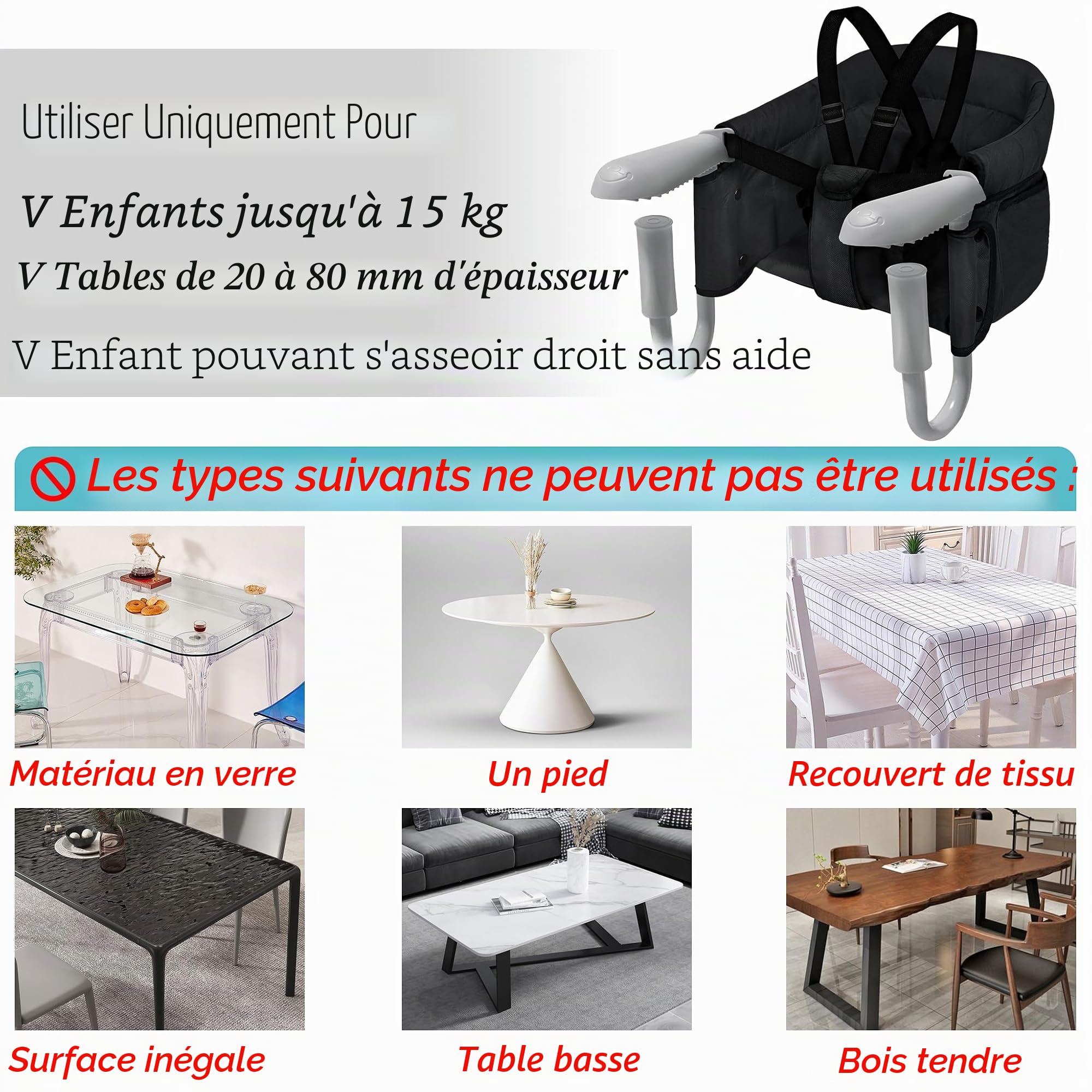 LZQ Siège de table pour bébé de 6 à 36 mois - Pliable - Pour tables de 2 à 8 cm d'épaisseur - Avec pinces antidérapantes et sac d'assise - Noir