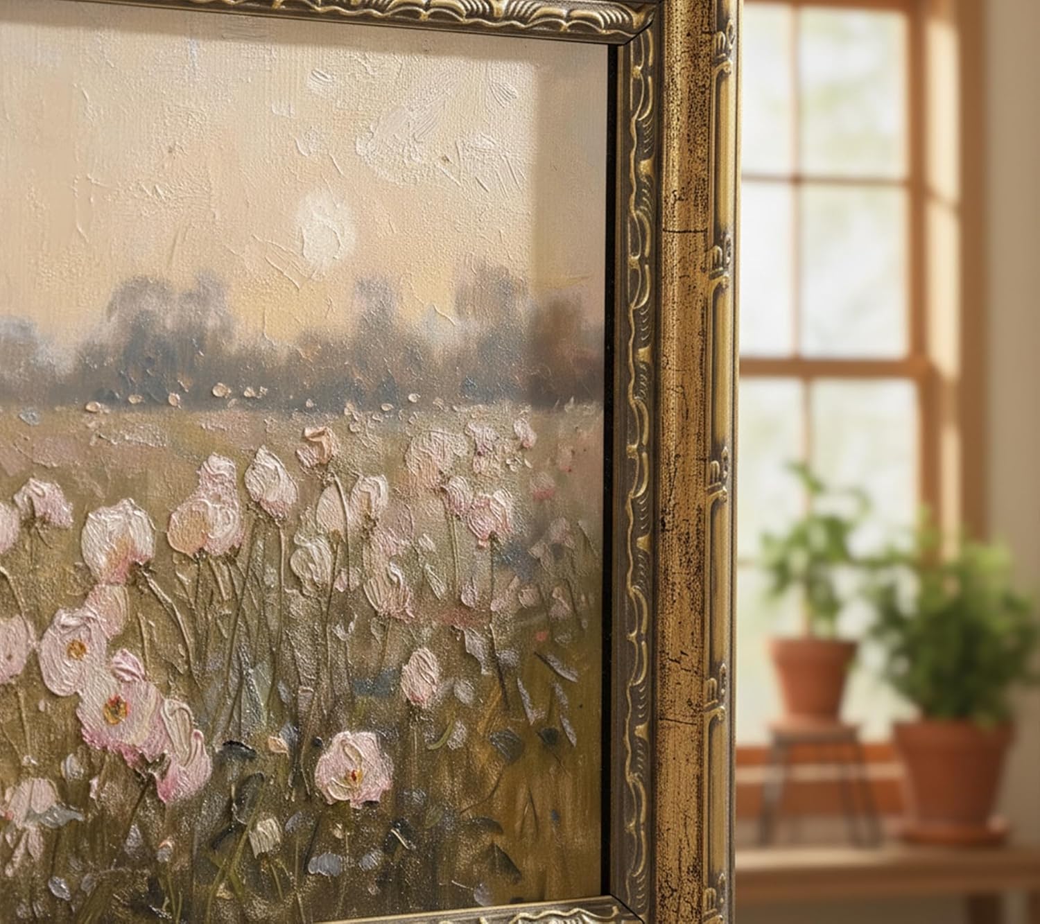 Gold Framed Vintage Pink Wildflower Canvas Wall Art, Spring Field Landscape Painting Picture Wall Decor, Farmhouse Flower Print Poster Artwork for Rustic Living Room Home Decoration 12x16in