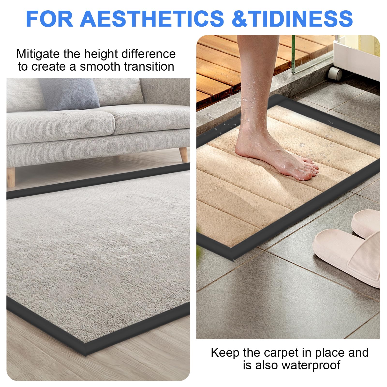 Bande de bord autocollante en PVC pour tapis, bandes de transition pour sols, tapis et sol en bois, noir (10 m)
