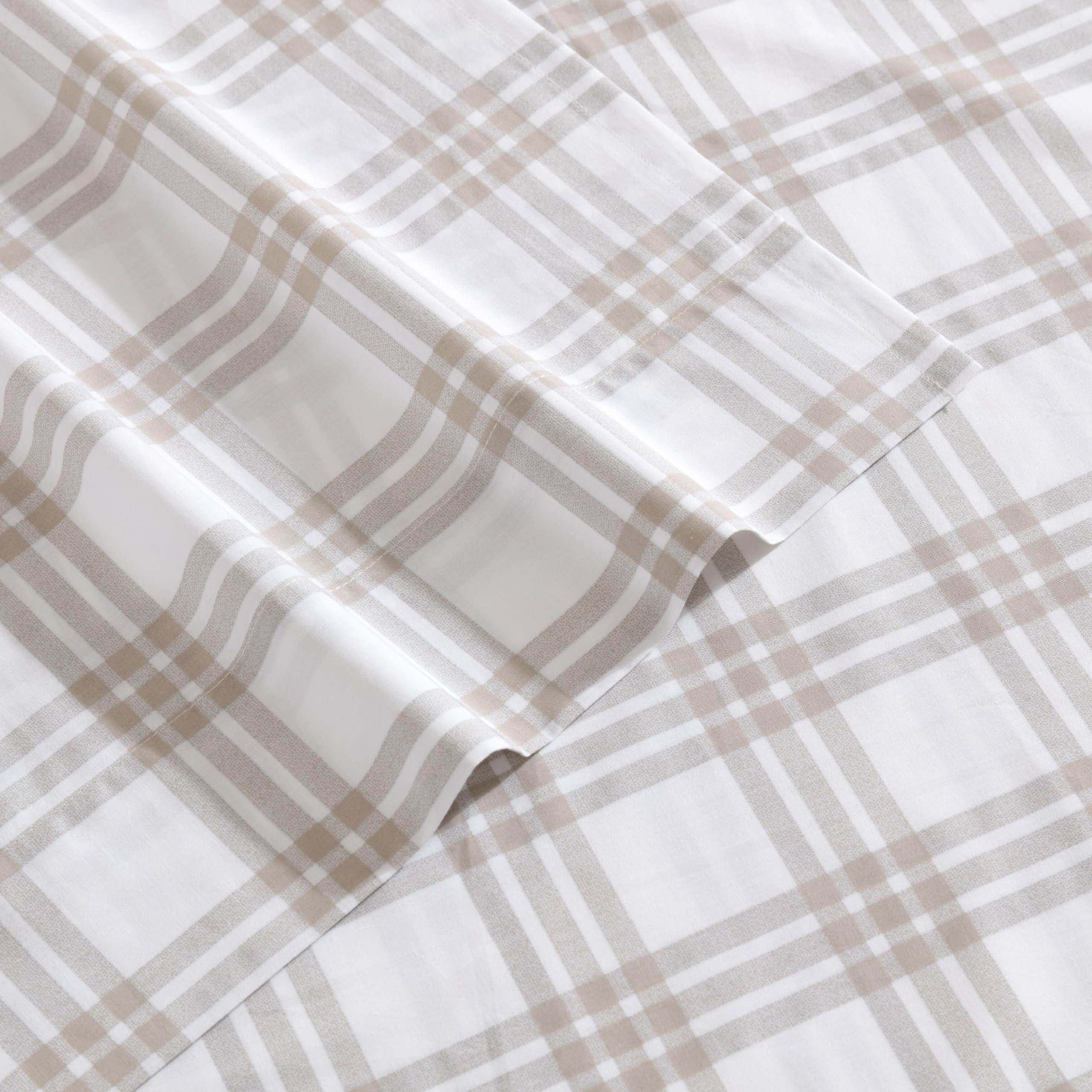 Eddie Bauer Zestaw pościeli na łóżko pojedyncze, bawełniany perkal, super miękka i przytulna dekoracja domu, certyfikat Oeko-TEX (prosta w kratkę, beżowa, łóżko pojedyncze)
