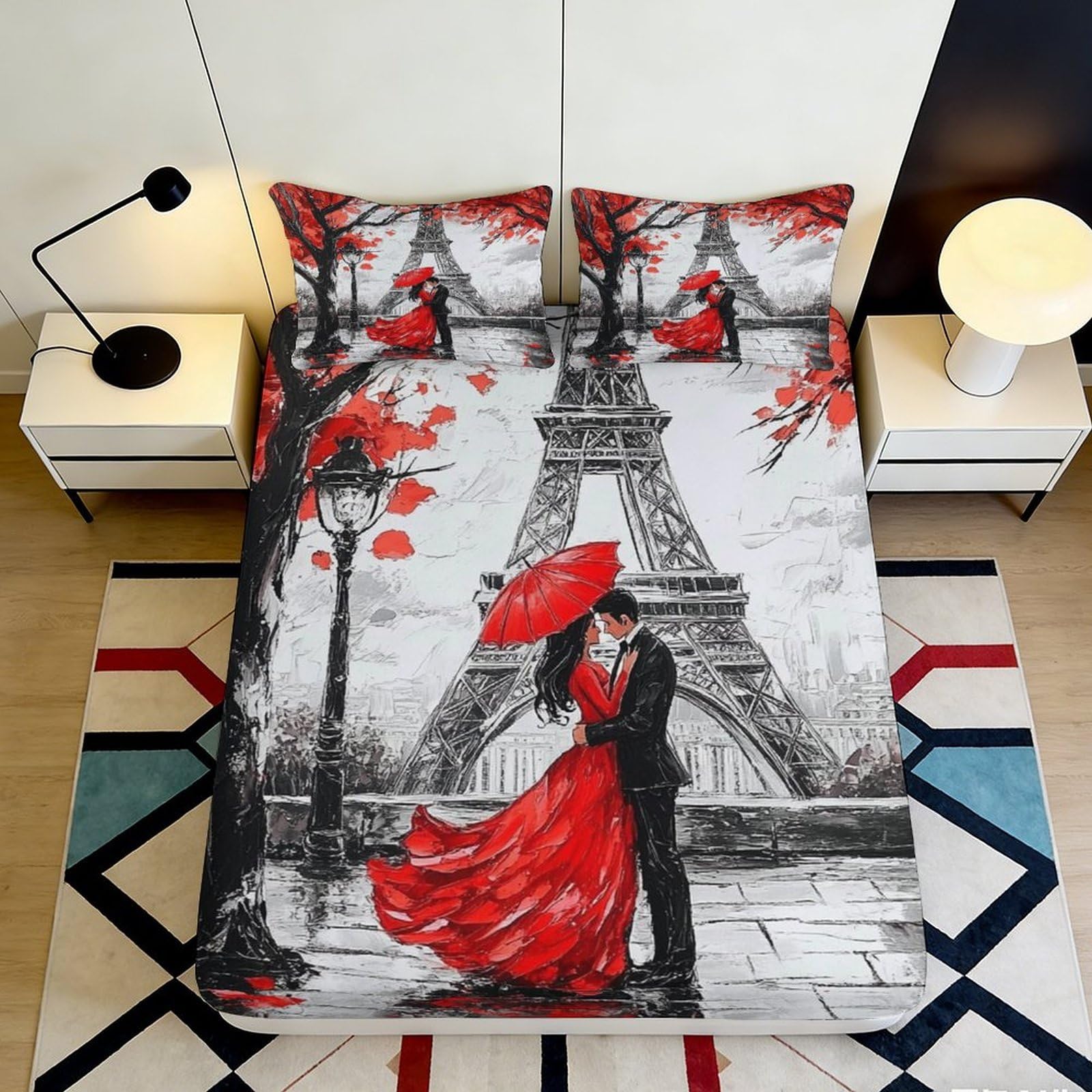 3D Printed Paris Romance Fitted Sheet Microfiber Red Couple Eiffel Bed Cover for Bedroom Guestroom Decor 90x200x25cm