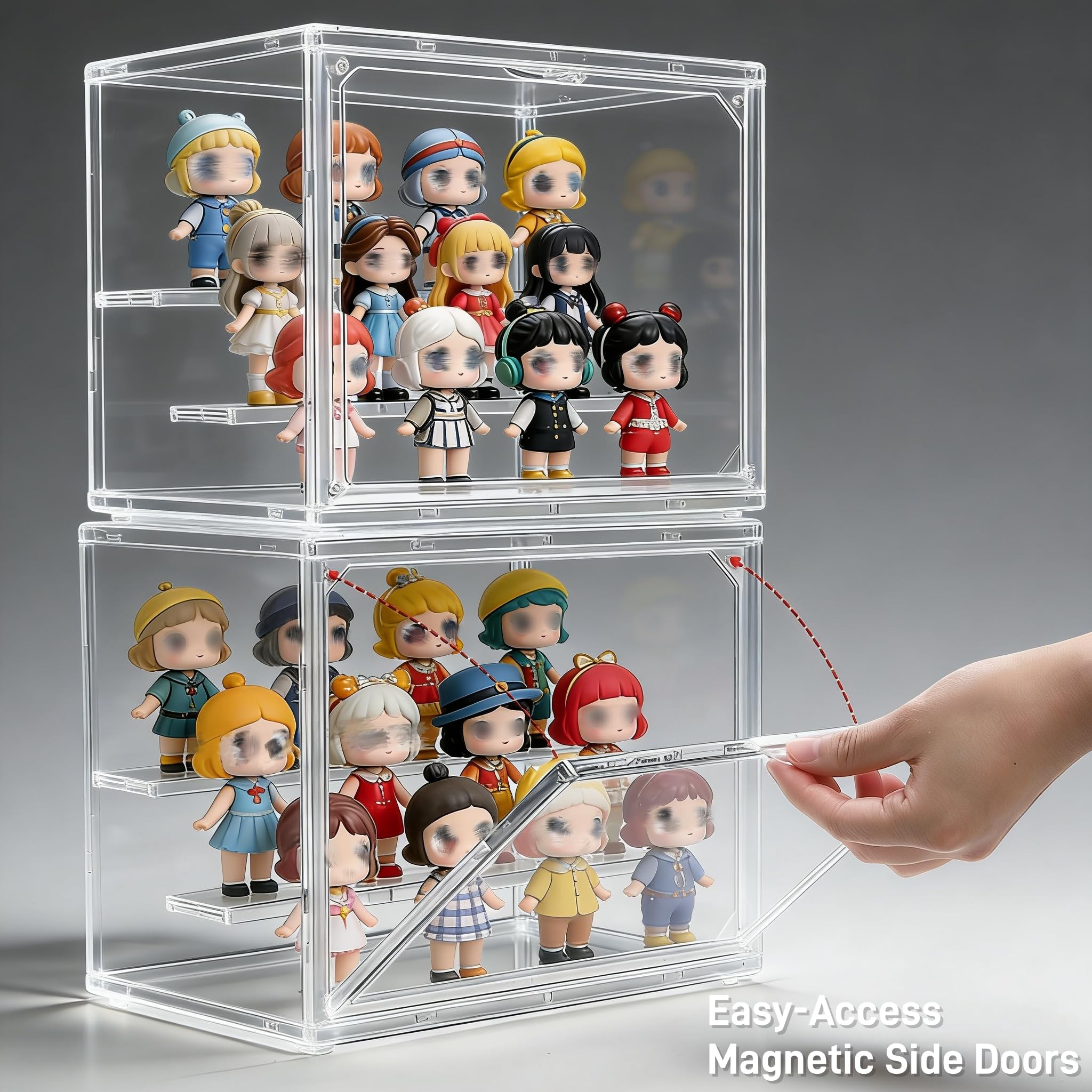 Paquete de 2 vitrinas acrílicas transparentes, caja de exhibición ajustable de 3 niveles, escaparate coleccionable con puerta magnética, estante de almacenamiento de figuras, organizador