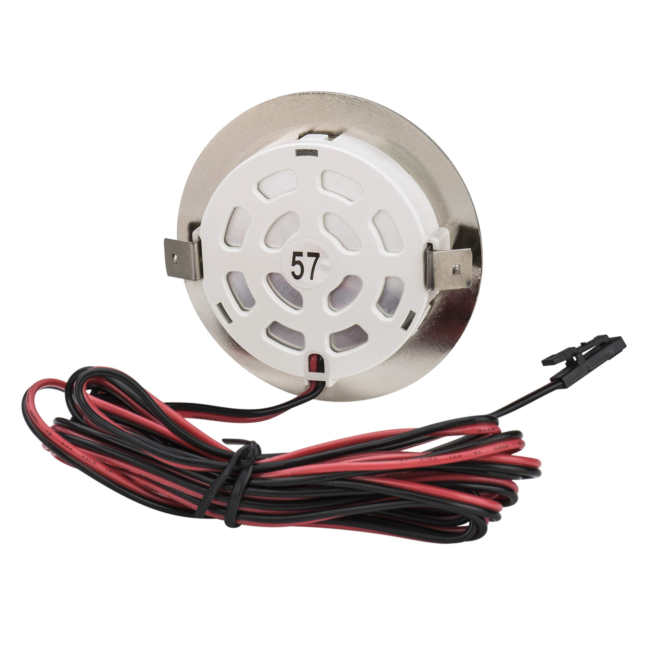JungesLicht 3er Set LED Möbelleuchte Tim 2Watt 12V DC, inkl. LED Trafo, Anschlusskabel und Amp-Verteiler, 6000Kelvin tageslichtweiß 200Lumen, passend für Bohrlöcher von 54-58mm, Außen 65mm, 12mm Tiefe