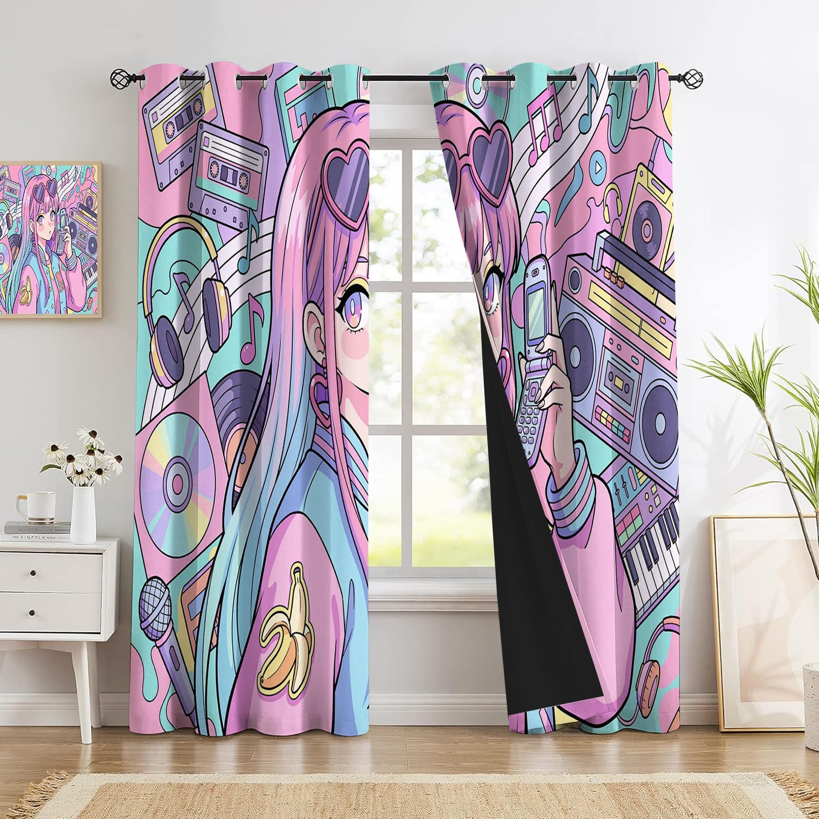 Vorhänge Blickdicht 2Er Set H245Xb140Cm – Anime-Schönheit Japanisches Harajuku-Poster, Rosa-Lila Gardinen Weiche Thermovorhänge Mit Ösen, Kälteschutz Vorhänge Für Schlafzimmer Wohnzimmer