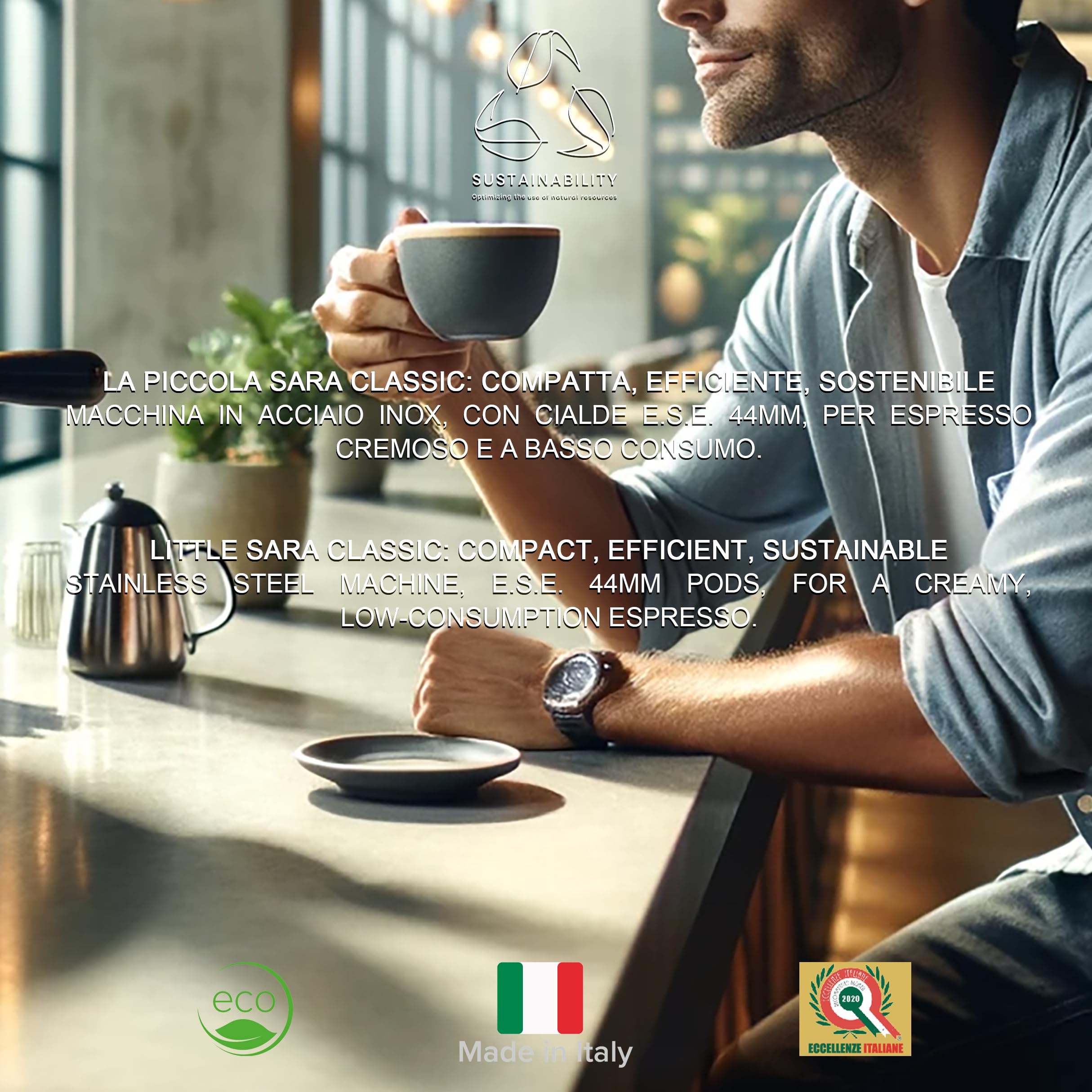 Lucaffé La Piccola Sara Classic, machine à café pour dosettes E.S.E. machine à café à dosettes, acier inoxydable 30,5x21x29 haute qualité, Made in Italy + 300 dosettes 44 mm