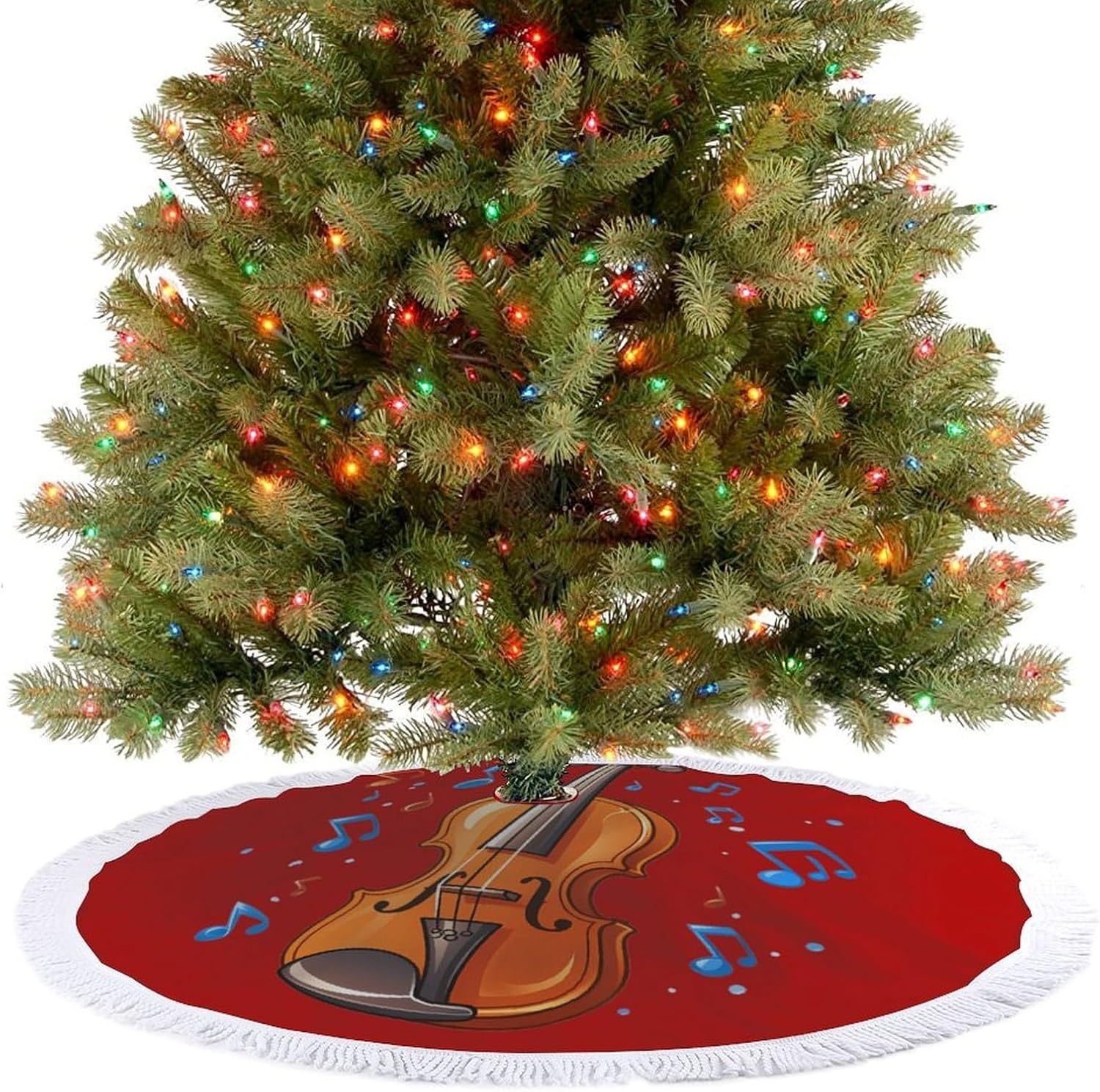Orchestra Violin Player Music Christmas Tree Skirt Round Xmas Tree Mat Ornaments Tree Skirts with Tassels for Holiday Party