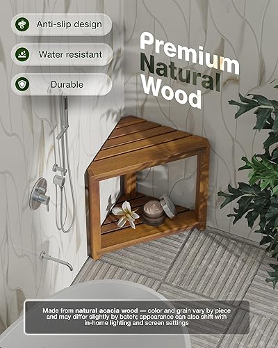Miniatura 4 de BLUEWEST Taburete de ducha esquinero, banco de ducha de esquina de madera para afeitarse las piernas dentro de la ducha, reposapiés impermeable con