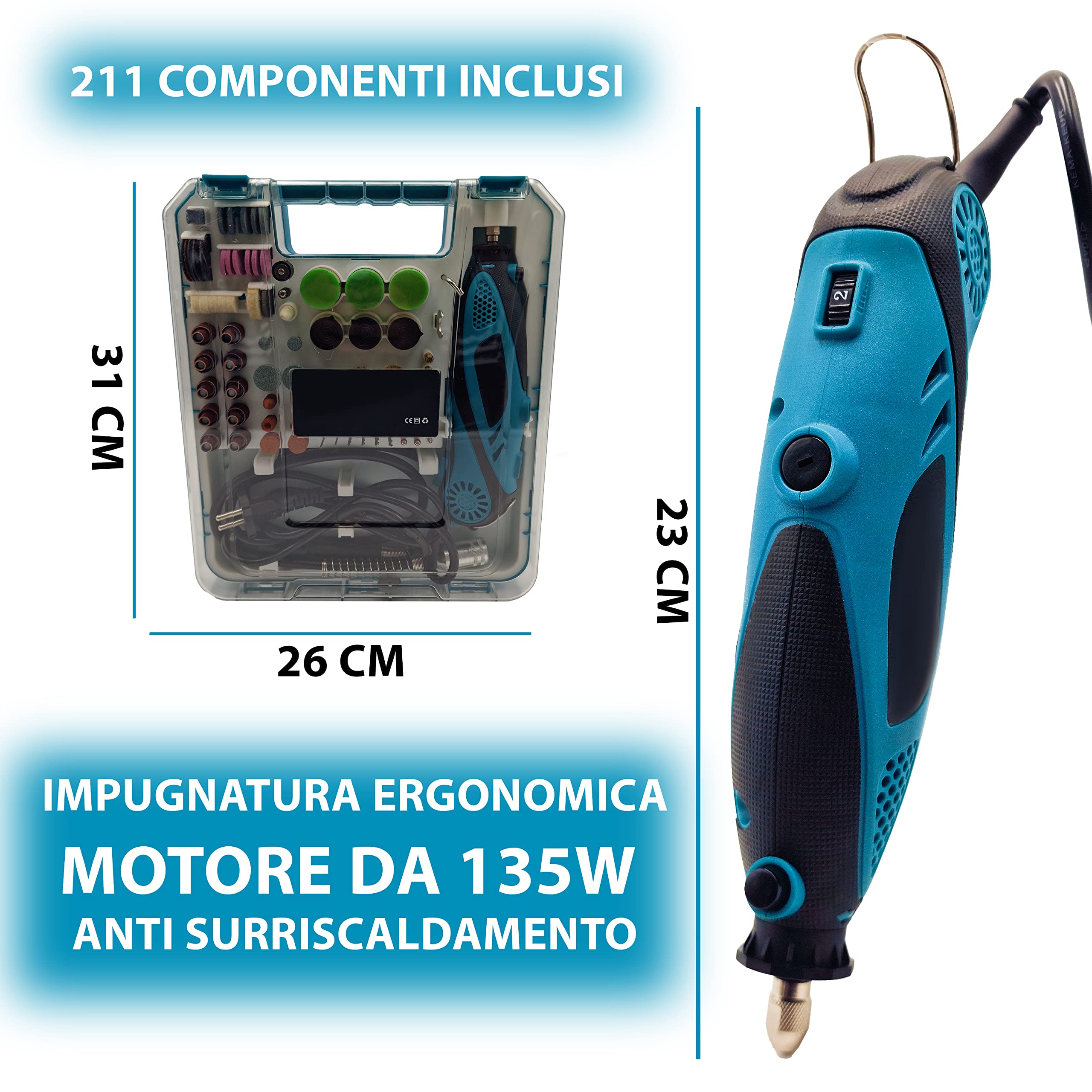 MAKA Trapano Multifunzione 6 Velocità con 211 Pezzi per Levigare Incidere e Perforare Mini Smerigliatrice 135W 23cm Lunghezza (211 pcs 135W)