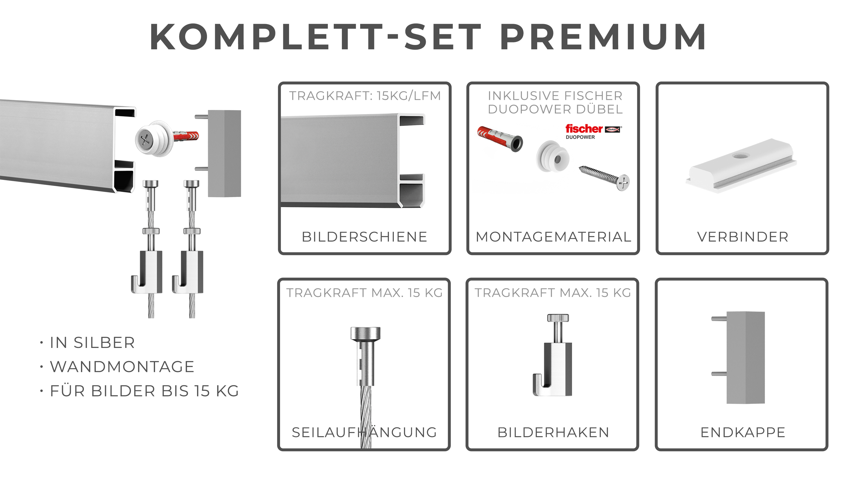 Hang-it Bilderschienen Set 8 M In Weiß | Komplett-Set Mit Schienen, Seilen, Haken & Montagematerial