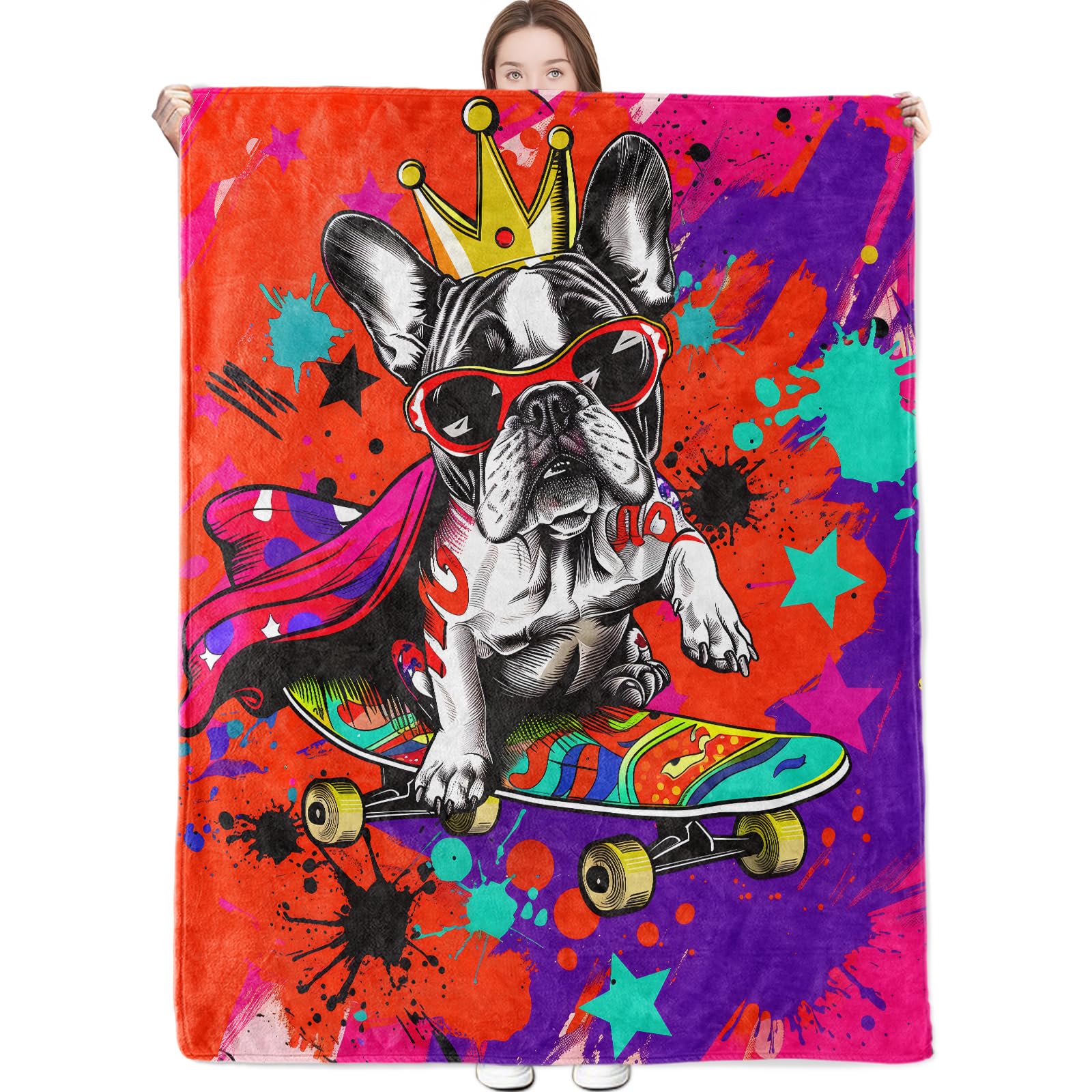 DONGPROM French Bulldog Blanket Colorful Graffiti Pattern Throw Blankets with Cool Dog Wearing Crown and Sunglasses Lightweight Flannel Throws for
