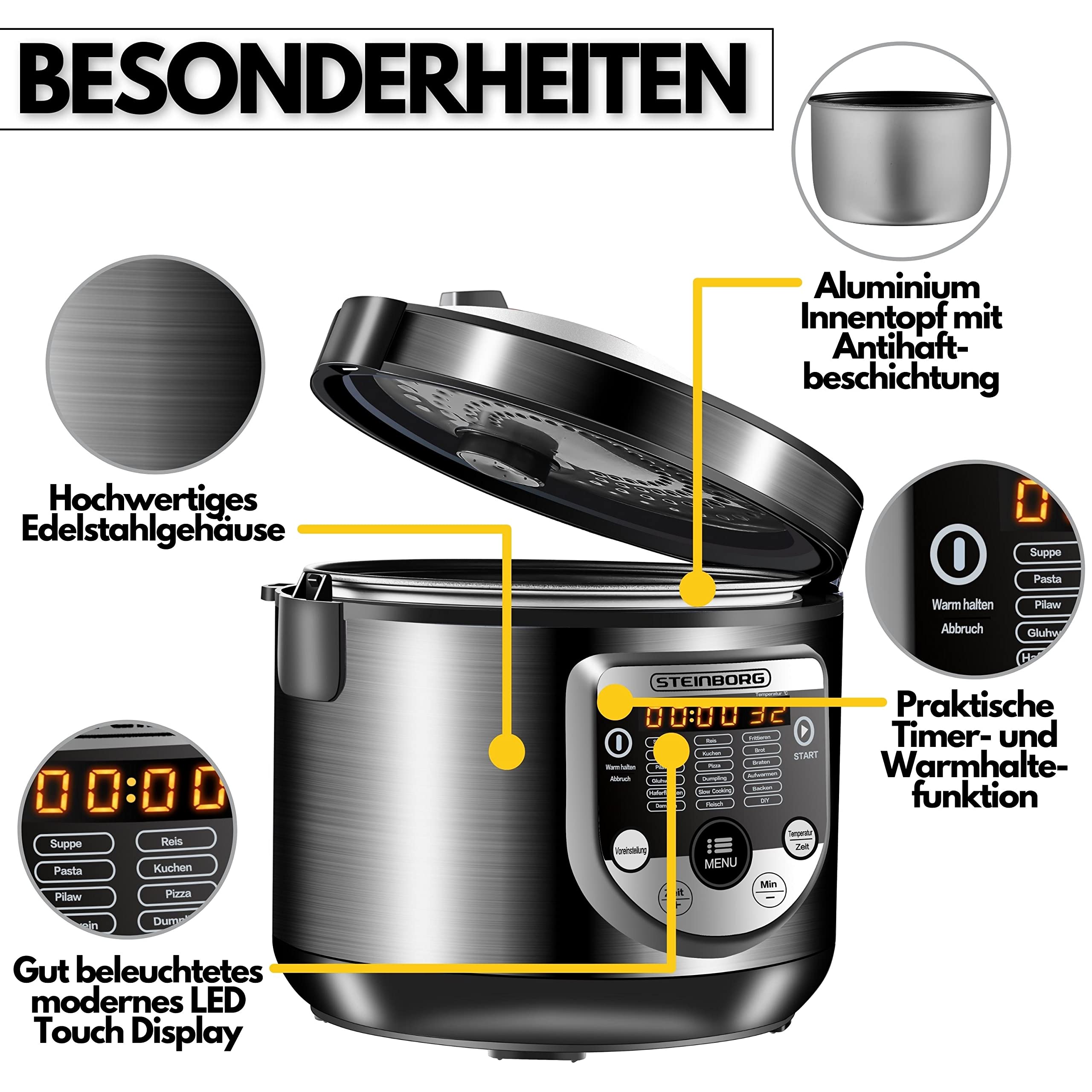 Pentola Multiuso 18 in 1 - 900 Watt, 5 Litri, Cuoci Riso, A Vapore, Padella per Saltare, Yogurt e Pressione