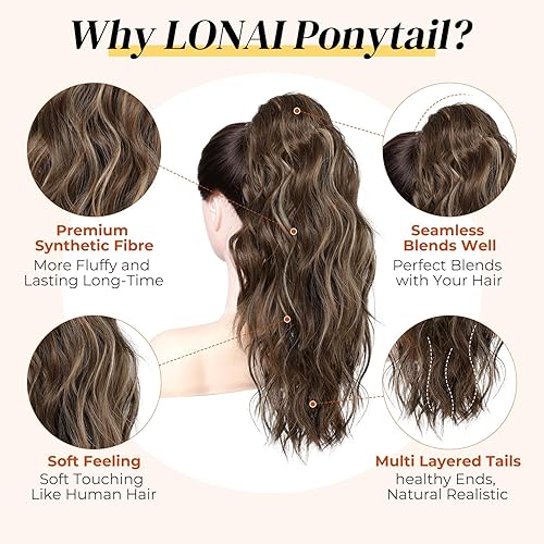 Miniatura 3 de LONAI Extensión de cola de caballo, extensiones de cola de caballo de 18 pulgadas con clip de garra ondulada ZJ001, extensiones de cabello sintético