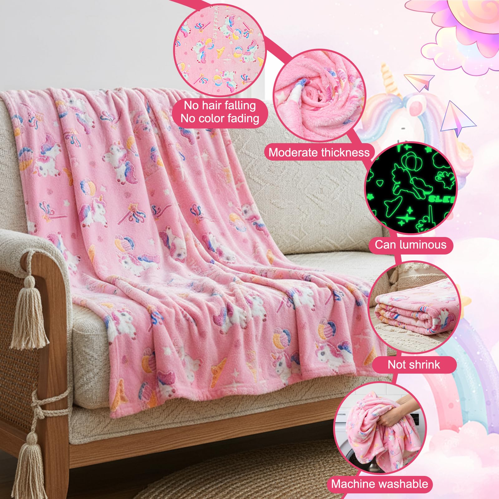 Coperta con Unicorno per Ragazze, Coperta Divertente Flanella con Che si Illumina al Buio per Bambino dai 2 ai 12 Anni, Caldo Plaid Rosa Singolo per Divano Soggiorno Camera da Letto, 150x200cm