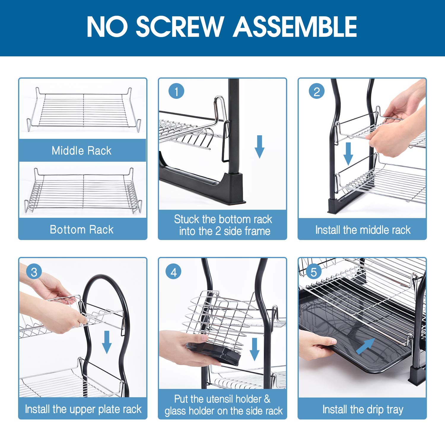 Kingrack Dish Drainer,3Tier Dish Rack,Easy Assemble Large Capacity