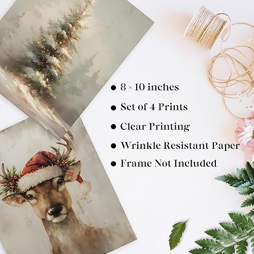 Miniatura 7 de QLMX Juego de 4 impresiones artísticas vintage de pino de Navidad, arte de pared de Navidad, arte de pared de invierno, impresiones de renos de Papá