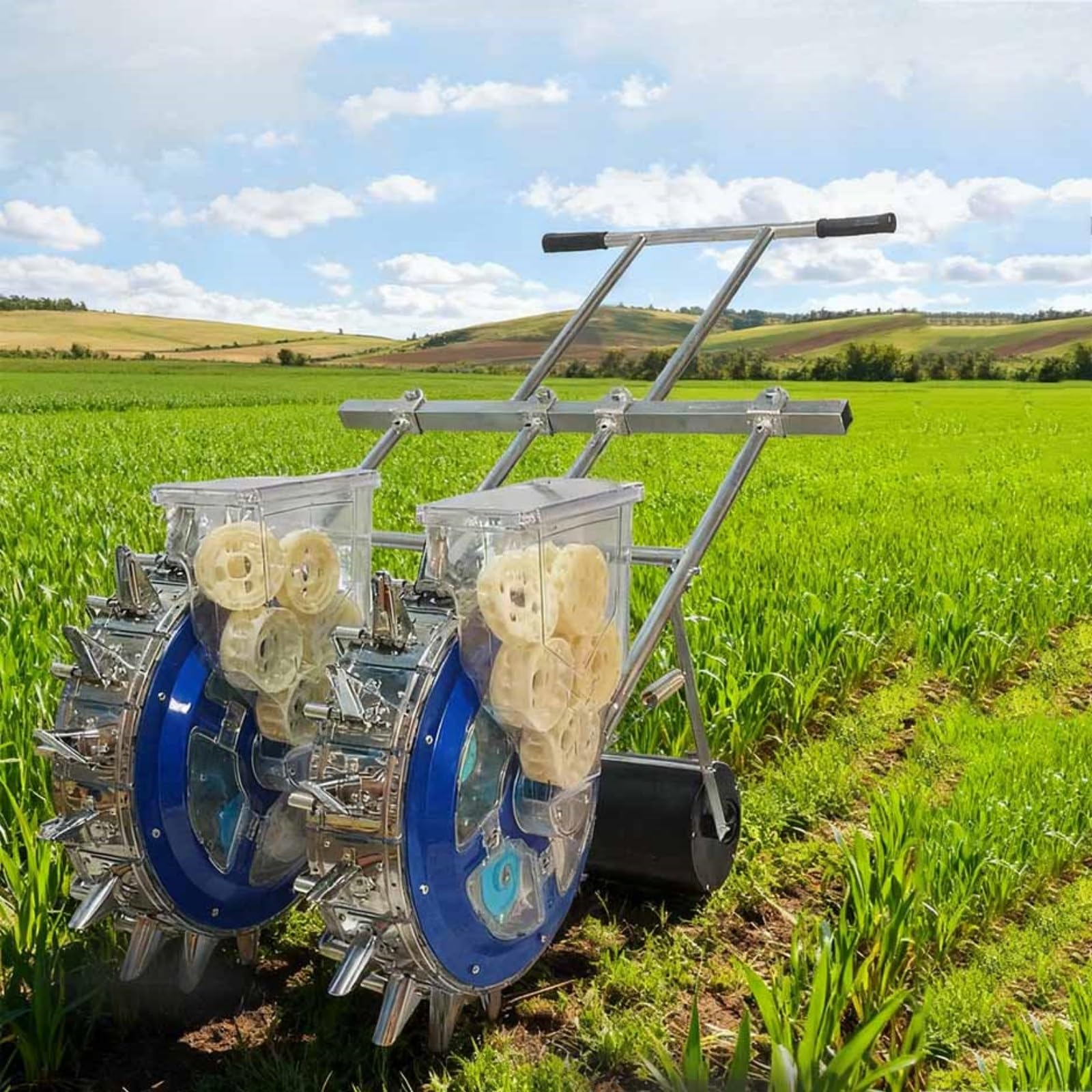Seminatrice a spinta per orto con doppie ruote, seminatrice manuale a rullo con 12 ugelli, macchina per la semina manuale a rullo per orti e giardini