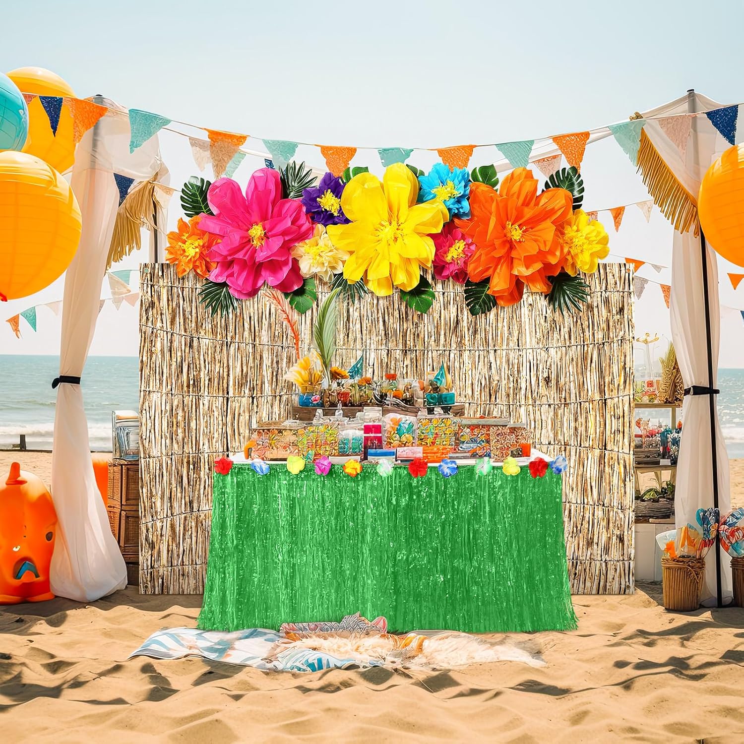 Canlierr 23 Pcs Hawaiian Luau Beach Party Decoration Set, Include Grass Table Skirt Paper Flowers Backdrop 71 x 43 Inch Hawaiian Backdrop 3D Hibiscus Palm Leaves for Aloha Luau Party Supplies (Green)