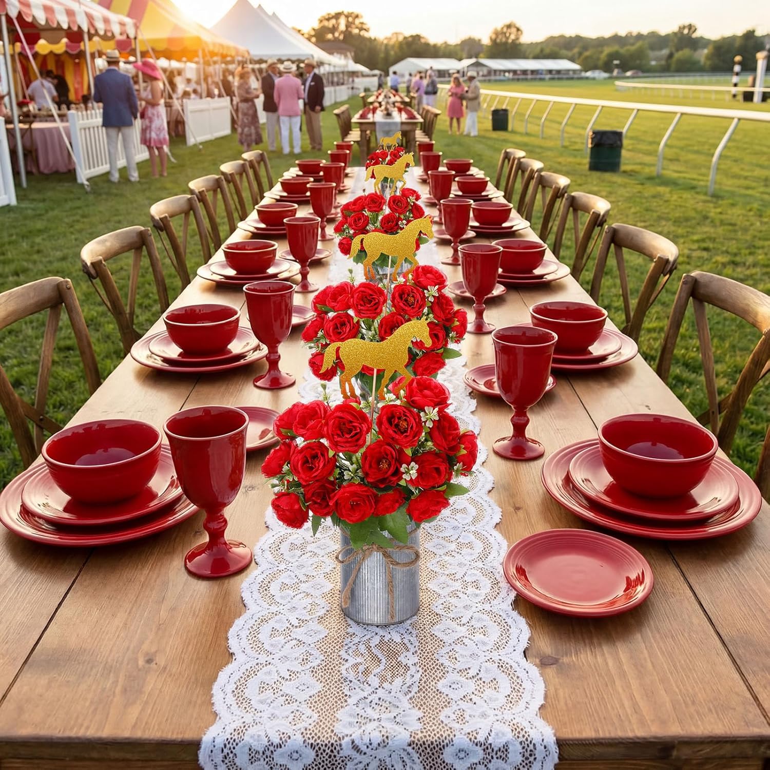 12 Pcs Derby Day Horse Party Decorations Roses Centerpiece with Horse Racing Centerpiece Sticks, Simulated Iron Flower Pots, Artificial Rose for Derby Day Racing Birthday Party Supplies