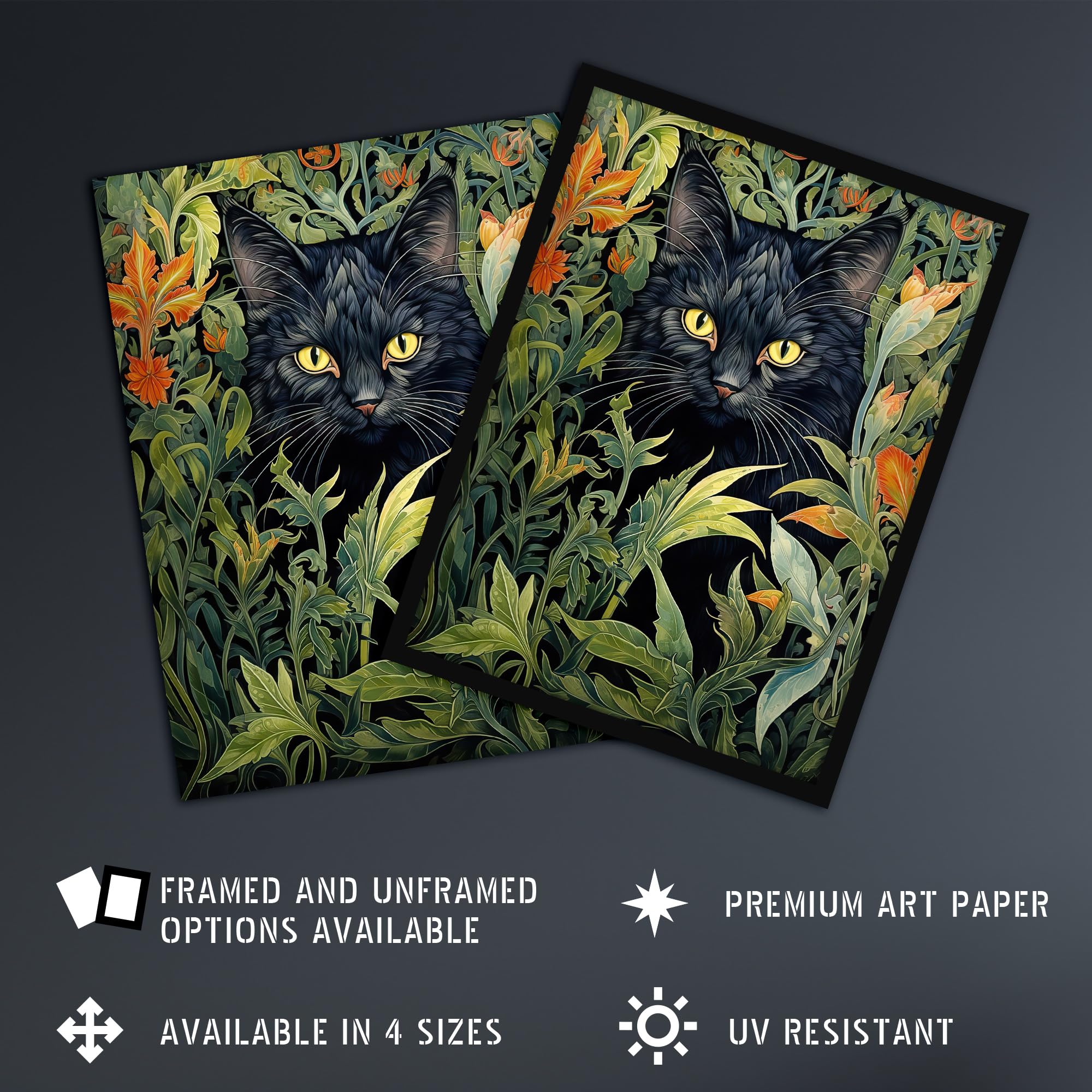 Artery8 Black Cat Hiding In Flower Field Modern William Morris Style Painting Orange Green Spring Bloom Animal Portrait Artwork Framed Wall Art Print A4 - Image 2