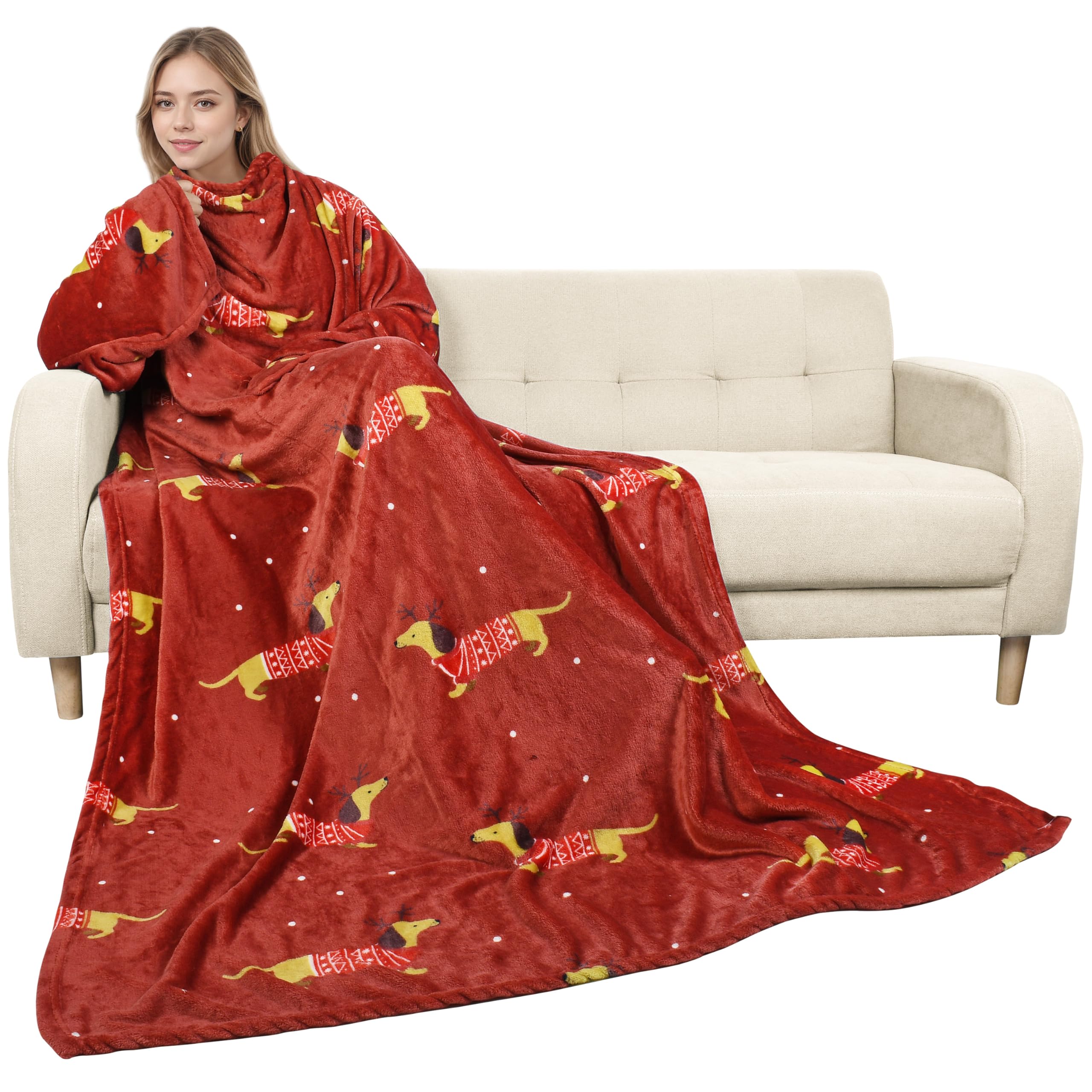 Catalonia Classy Wearable Blanket with Sleeves, Warm Soft Fleece TV Snuggle Blanket with Arms for Sofa Couch, Cozy Sleeved Throw Christmas Gift for Women Wife Man, 185 x 130 cm Xmas Dachshun
