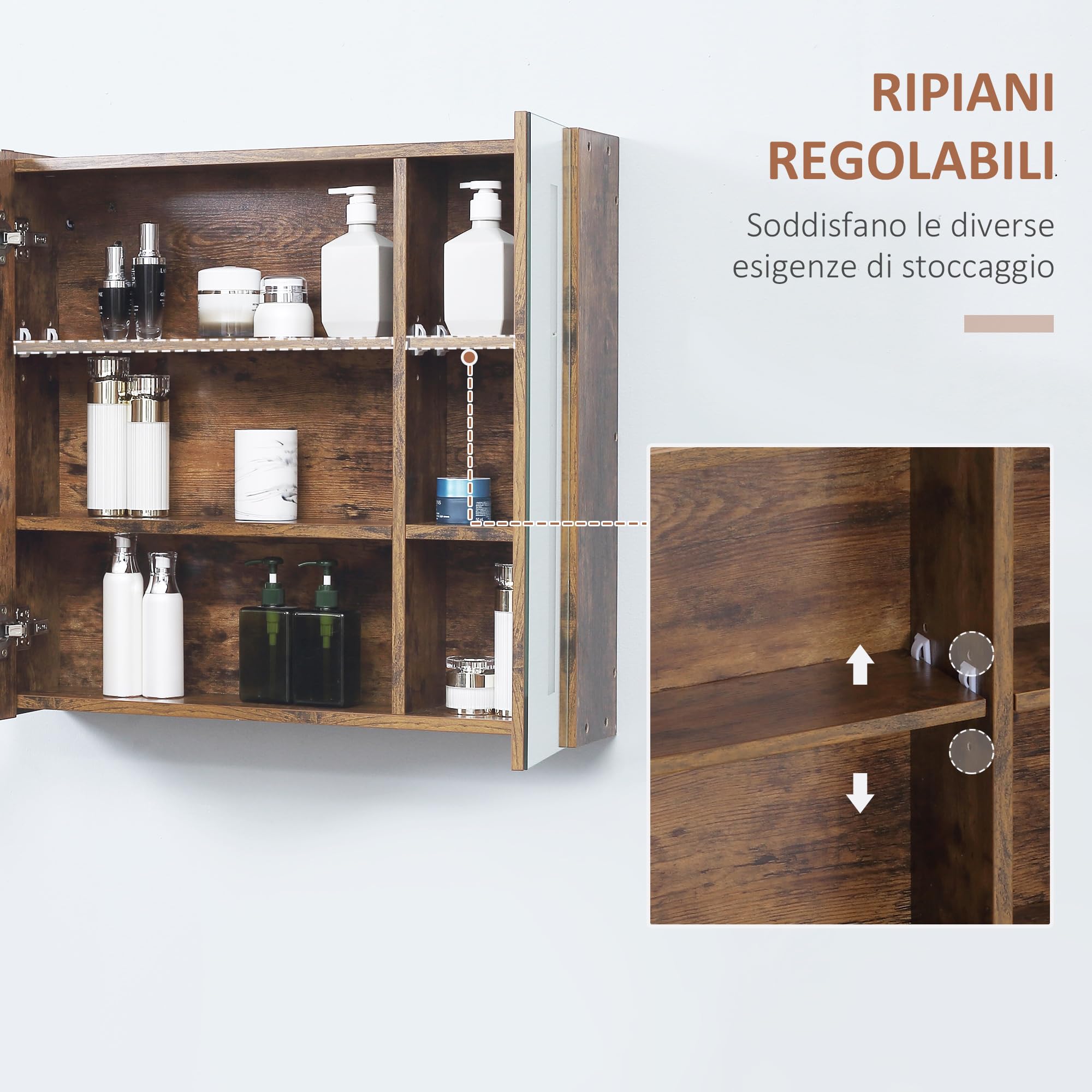 kleankin Specchio Bagno Contenitore con Luci LED Regolabili, Armadietto Bagno con 2 Ante a Specchio e Mensola Regolabile, 70x15x65cm, Marrone