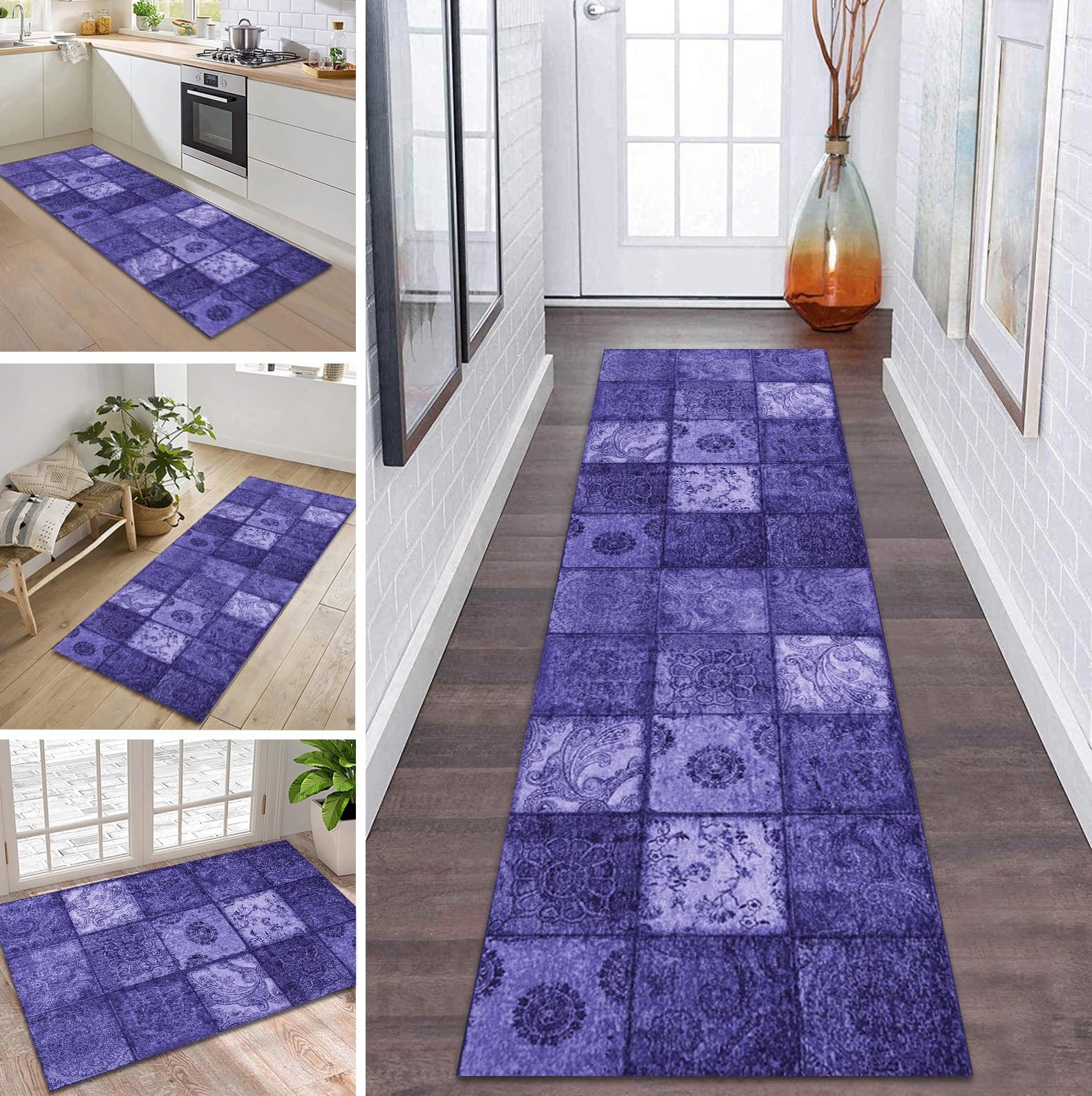 Tapis de couloir lavable style bohème violet 100x200 antidérapant chambre et salon