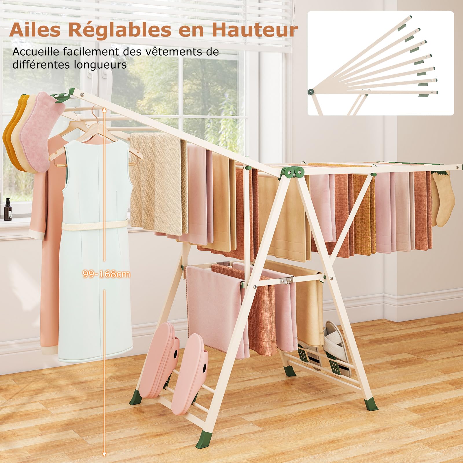 COSTWAY Etendoir Linge Pliable, Sechoir a Linge Pliable 20 Barres, Cadre en Acier, Hauteur Réglable 99-168 cm, Pinces à Chaussettes, 4 Porte-Chaussures, Tancarville Linge Intérieur (Beige,184 cm)