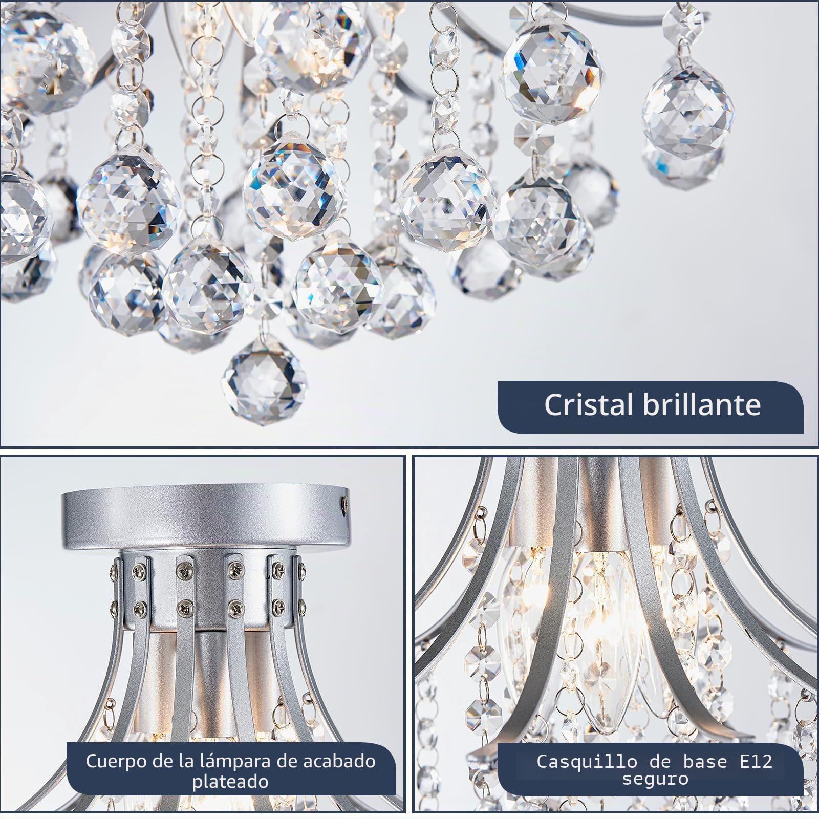 BESTIER Moderna lámpara de techo semiempotrada de cristal plateado para comedor, baño, dormitorio, sala de estar, requiere 3 bombillas E14 de 34 cm de profundidad x 30 cm de alto
