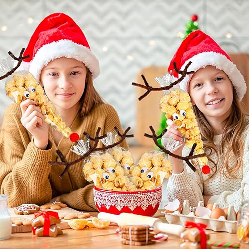 Miniatura 7 de Whaline Juego de 500 bolsas de cono de Navidad transparentes, tallos de felpilla marrón, bolas de pompón rojo y ojos ondulados, juego de limpiadores