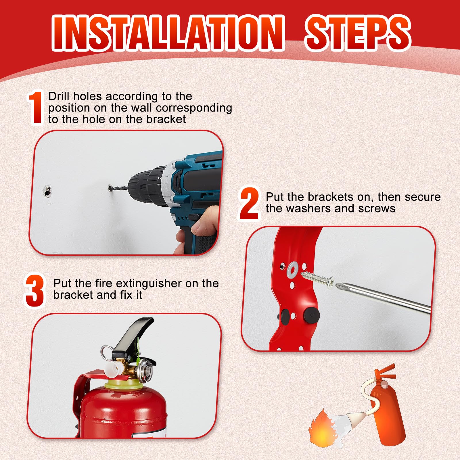 Therwen 10 soportes de montaje para extintor de incendios de 2.5 libras, 5 libras, soporte de pared para extintor de incendios pequeño, soporte de pared de acero inoxidable, rojo (20 piezas)
