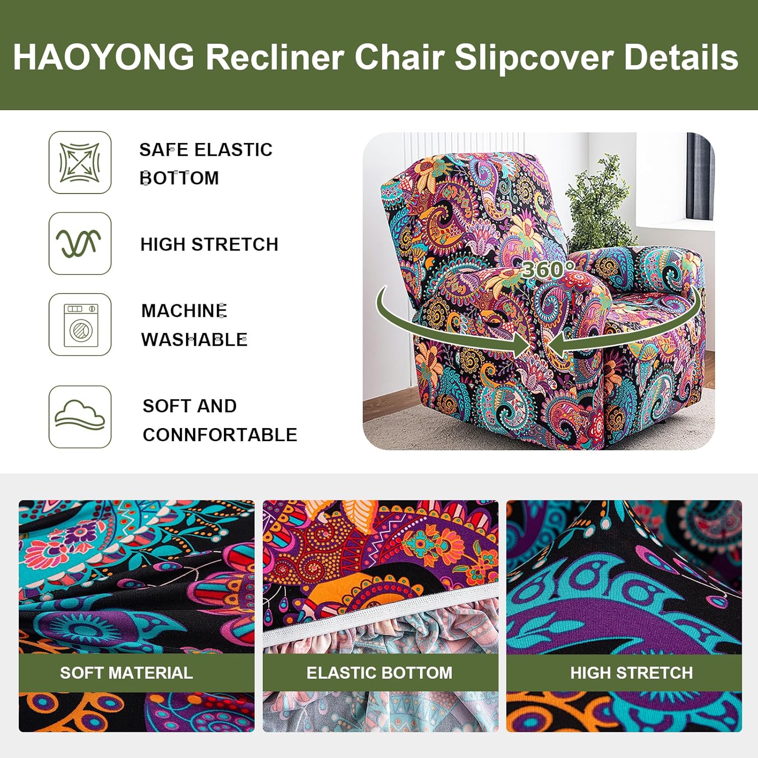 HAOYONG Recliner Chair Covers Stretch Recliner Slipcovers Washable Lazyboy Recliner Cover 4 Pieces Covers Sofa Slipcovers with Storage Pockets Furniture Protector for Living Room