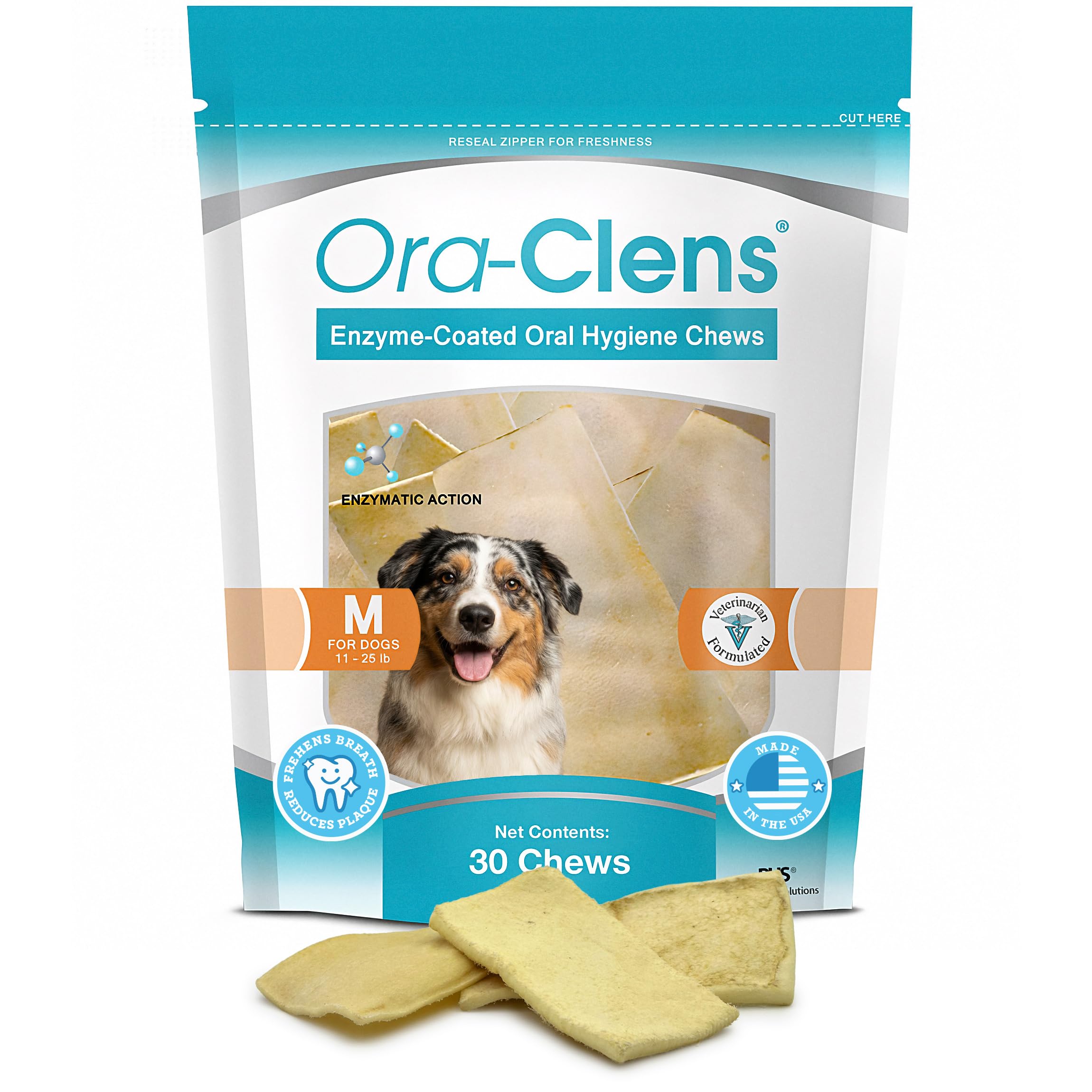 Ora-Clens Oral Hygiene Chews for Medium Dogs-Enzymatic Dental Treats for Daily Oral Care, Cleans Teeth and Freshens Breath, Reduces Plaque, Bacteria and Tartar Build Up Without Brushing-30 Chews
