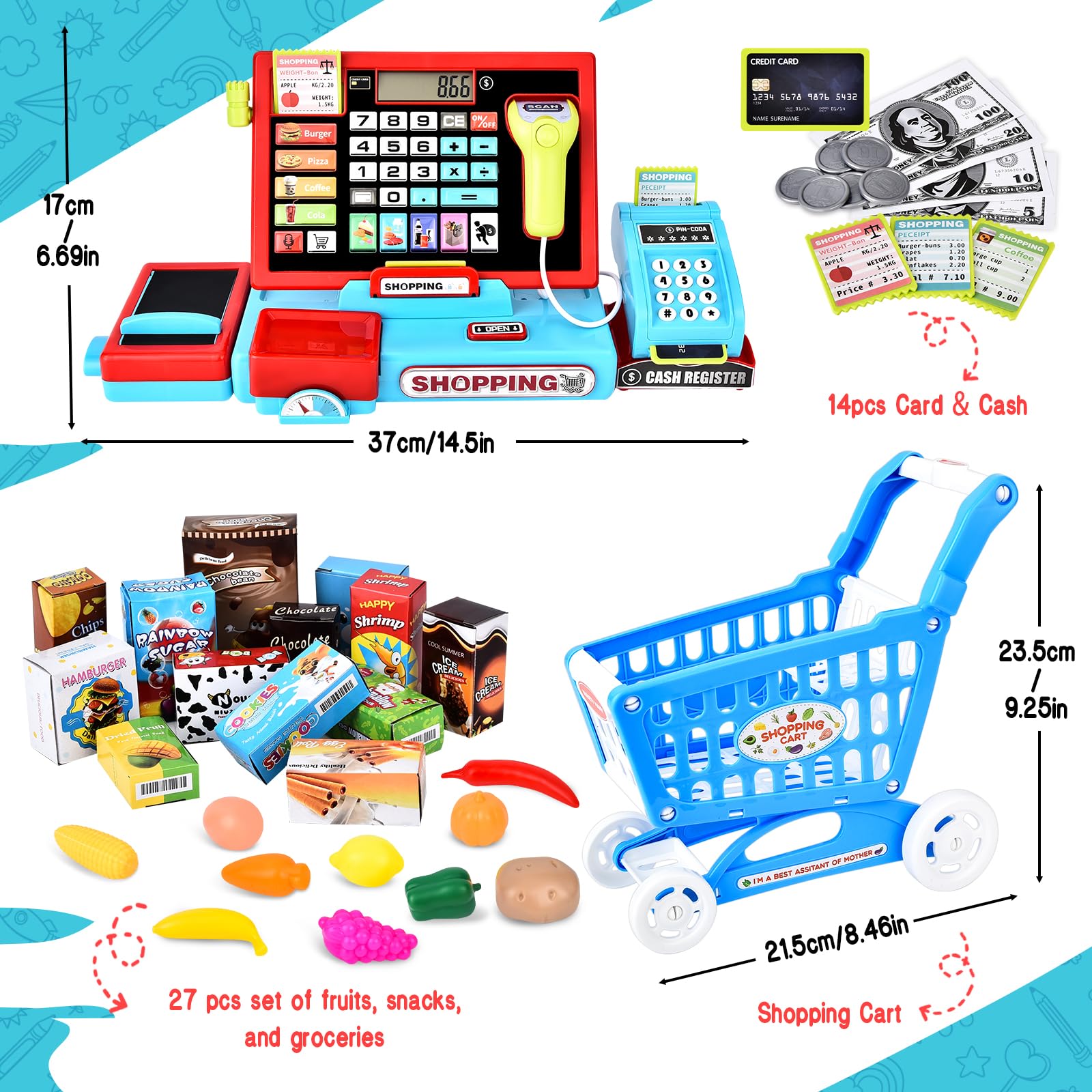 Joellfuner Registratore di Cassa Giocattolo, Supermercato Giocattolo per Bambini, Con 46 Accessori (Vera Calcolatrice/Scanner/Soldi Finti/Cibo, Ecc.), Giocattolo Per Bambini 3+ Anni