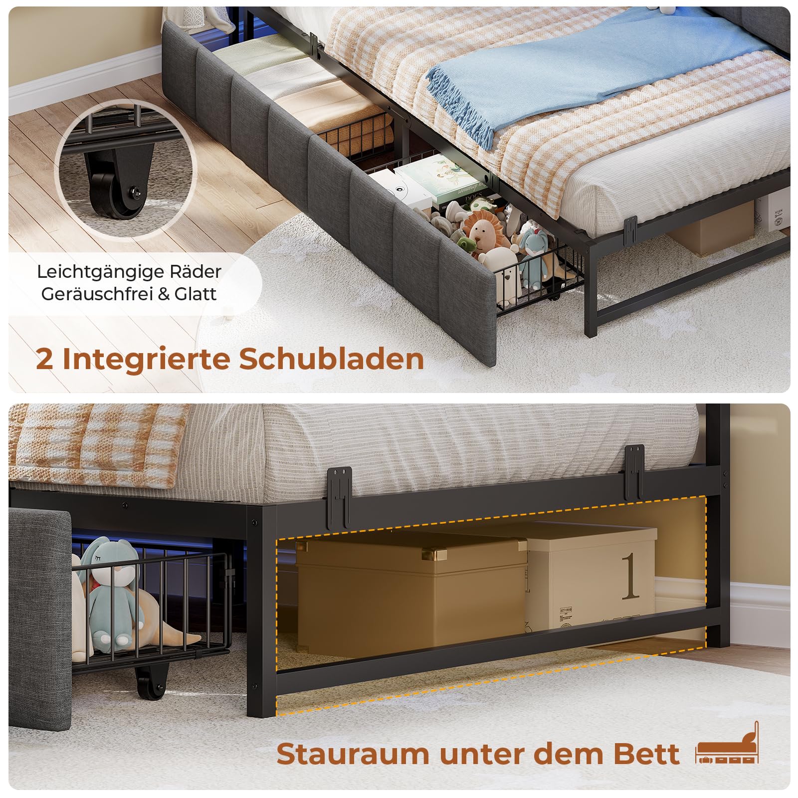 AOGLLATI Polsterbett Schlafsofa 140x200 mit USB-Steckdosen und LED-Beleuchtung Jugendbett 140x200 mit 2 Schubladen,Tagesbett Gästebett Bettgestell mit Lattenrost,Ohne Matratze(Grau,140x200cm)