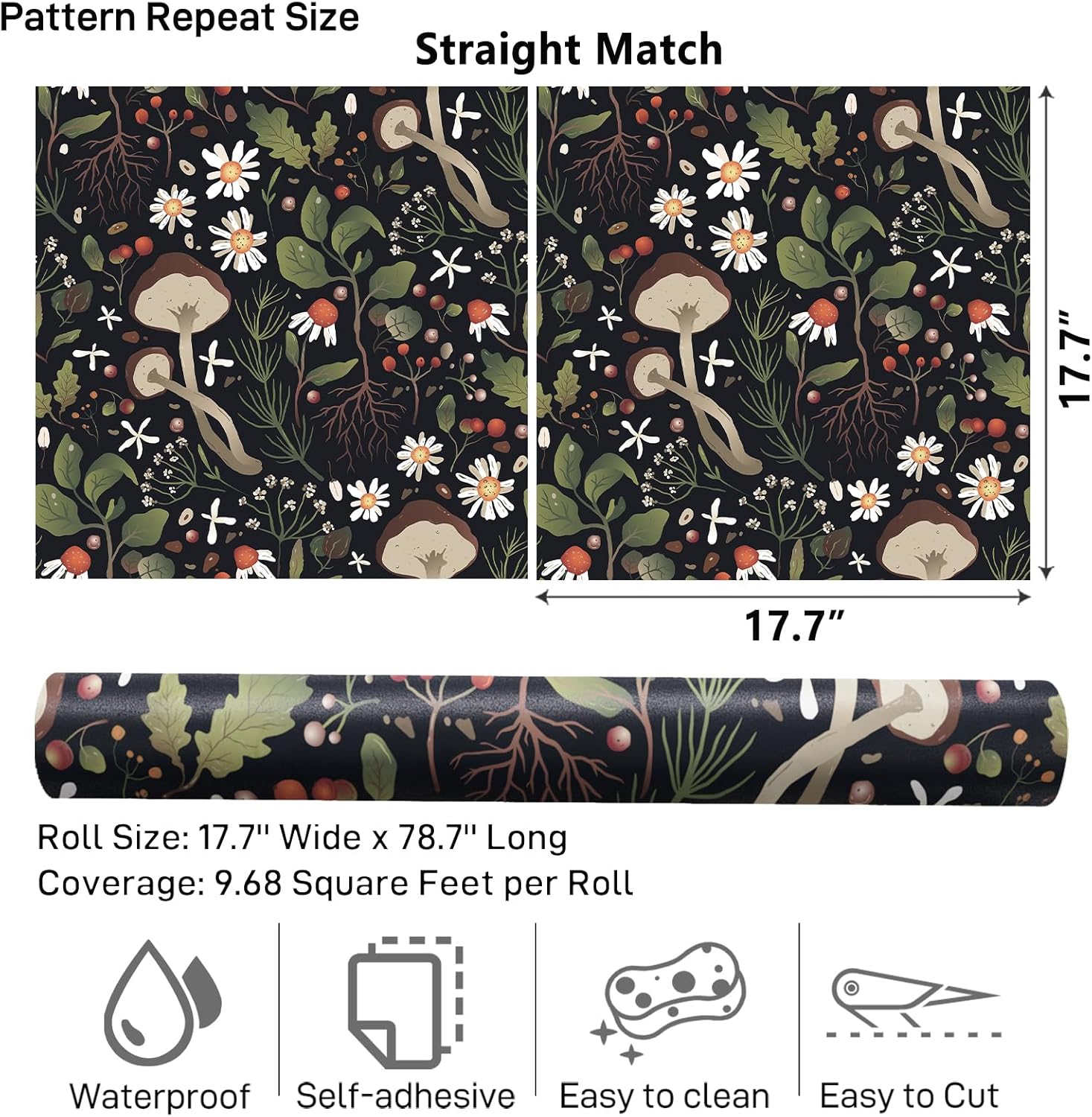 VaryPaper Boho Mushroom Wallpaper Peel and Stick Black Leaf Daisy Floral Wallpaper Decorative Floral Contact Paper for Walls Bedroom Removable Waterproof Self Adhesive Flower Wall Paper 17.7''x78.7''