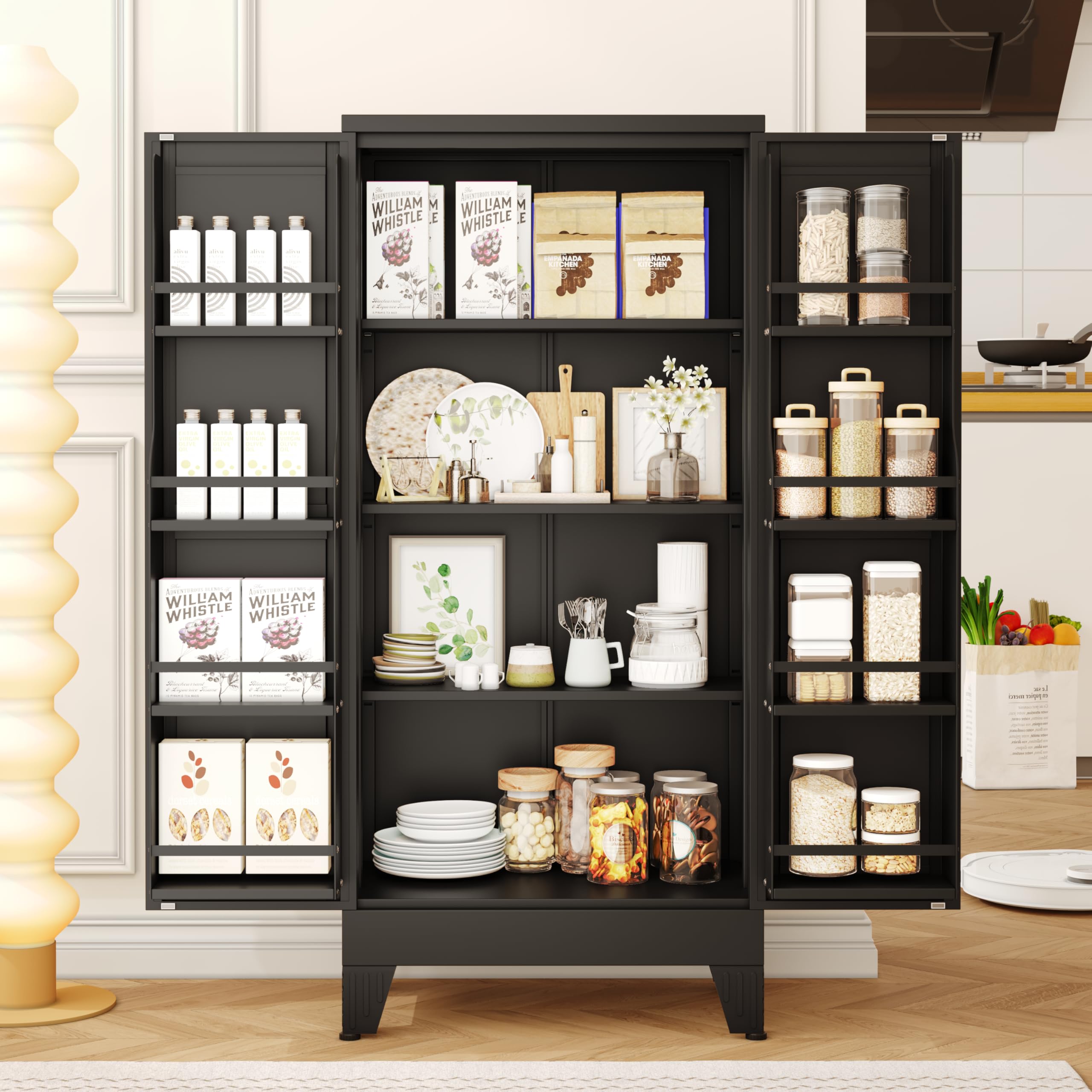 PAOFIN 47" Kitchen Pantry Cabinet, Metal Storage Cabinet with 3 Adjustable Layer Shelves, 8 Door Shelves, Buffet Sideboard for Living Room, Kitchen, Black