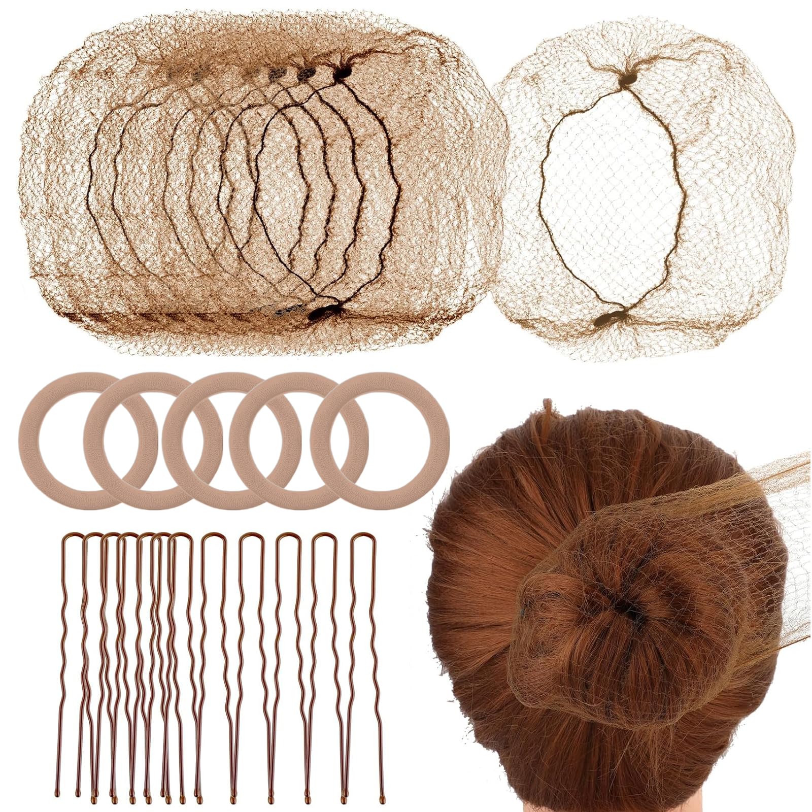 Produktbild von 30 Stück Unsichtbare Haarnetze Elastisch + 30 Haarnadeln – Schwarz, Kaffee, Gold – Für Ballett, Krankenschwestern & Alltag