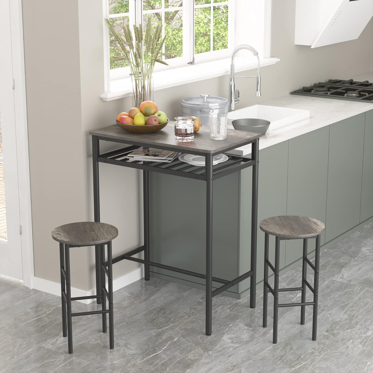 Weehom Kitchen Bar Table Dining Table Set for 2, Counter Height Breakfast Table with Bar Stools, Bistro Table and Chairs Space Saving, Built in Wine Rack, Easy to Assemble