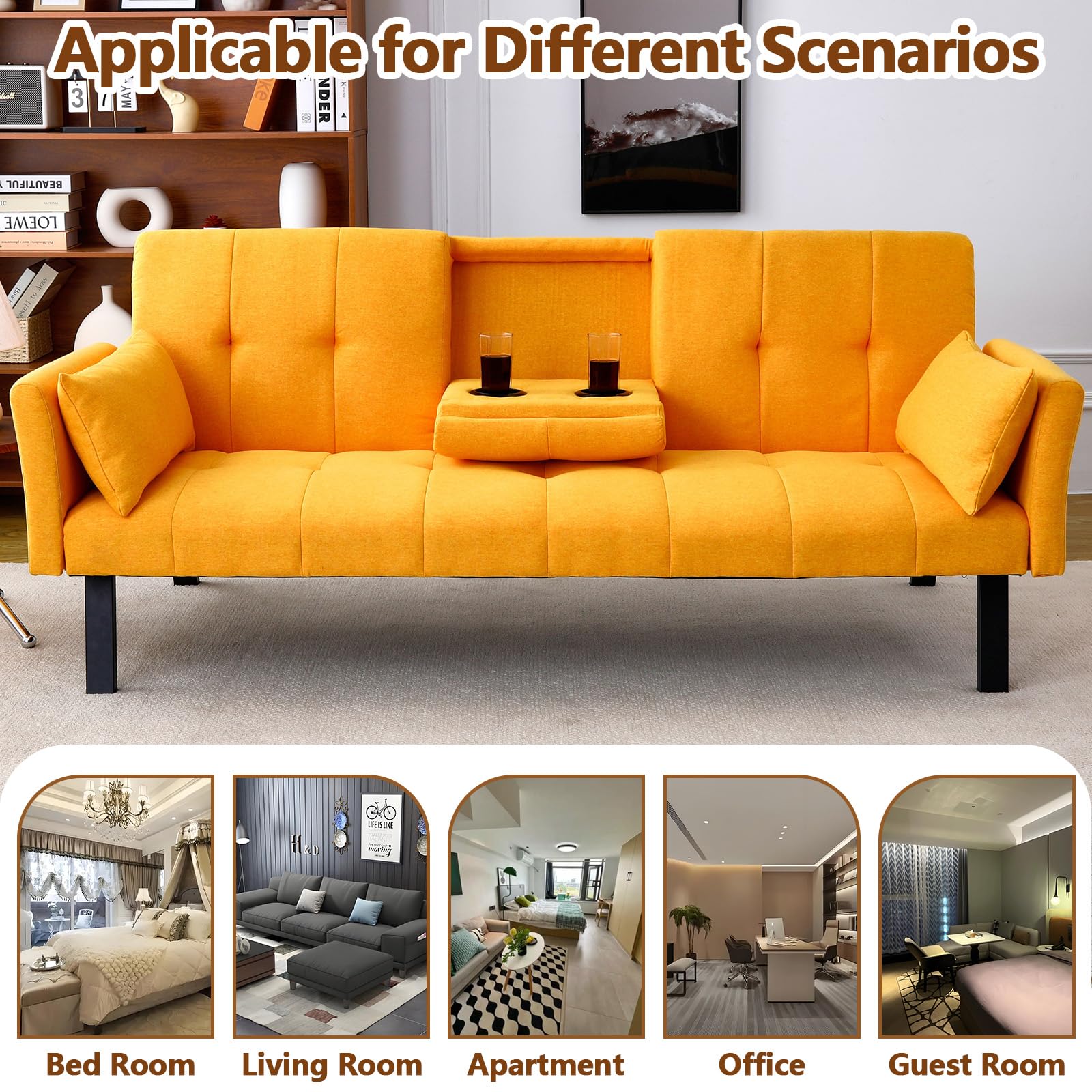 72" Cotton-Linen Futon Couch Living Room Couch Bed Convertible Sleeper Sofa Bed with Cup Holder for Bedroom Guest Bed 2 Seater Reclining Sofas Couches with Nailhead Trim for Small Space (Yellow)
