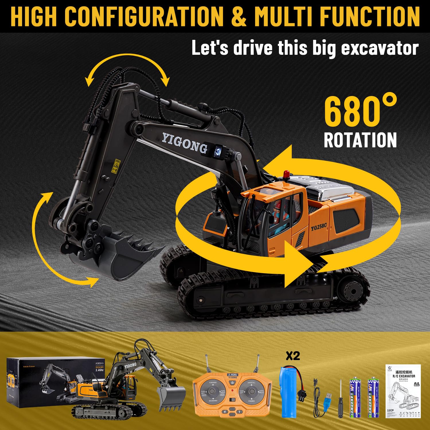Télécommande Excavateur Jouets pour Enfants,Rechargeable RC Pelleteuse avec Pelle Métallique,Véhicules de Construction,Excavatrice Rotation de 680,Jouet Digger pour 100Mins/Sons/Lumière