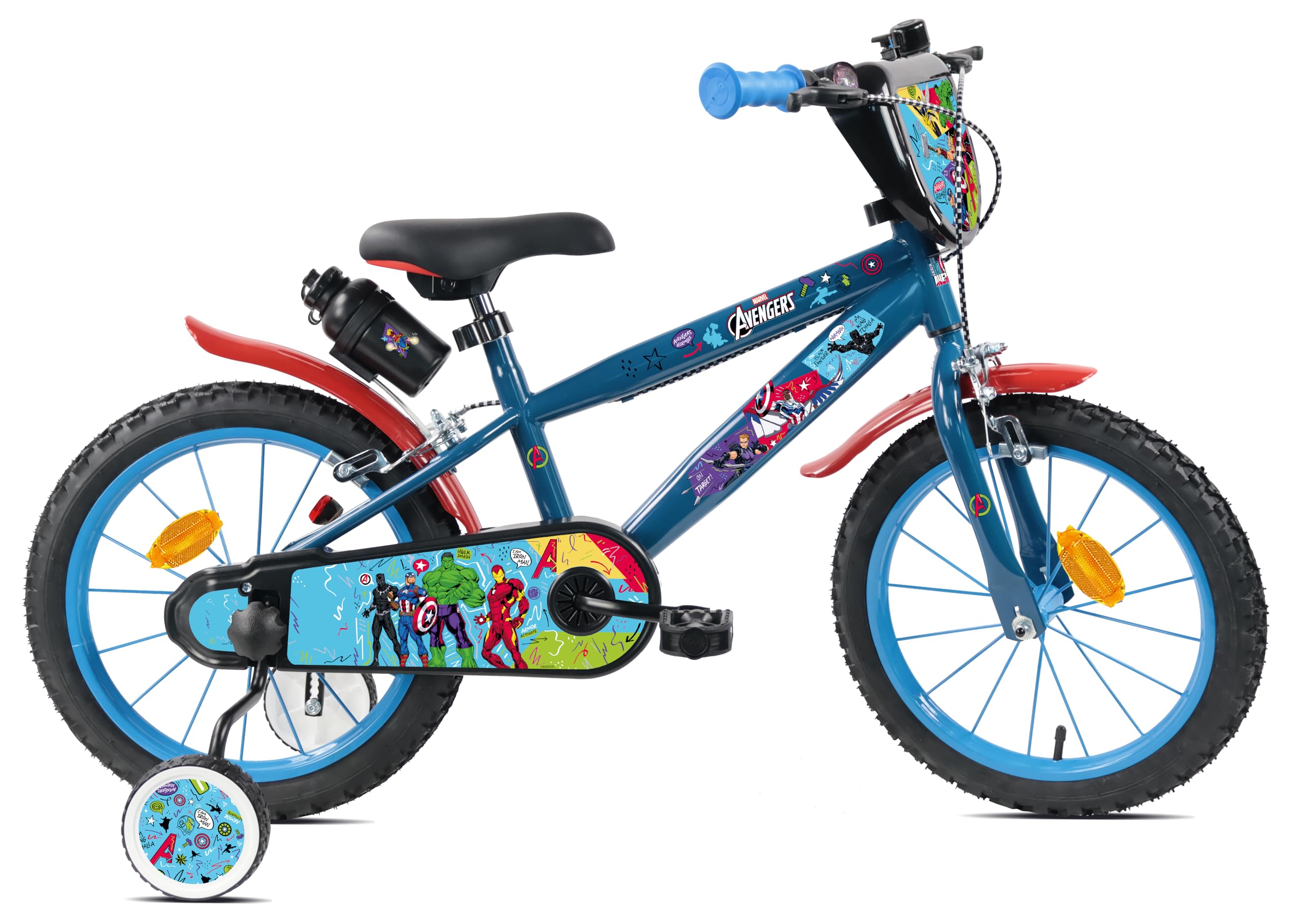 Disney Vélo 16 Pouces Avengers avec Garde-boues, Carter de Protection, Plaque Avant décorative, bidon arrière et stabilisateurs Inclus.