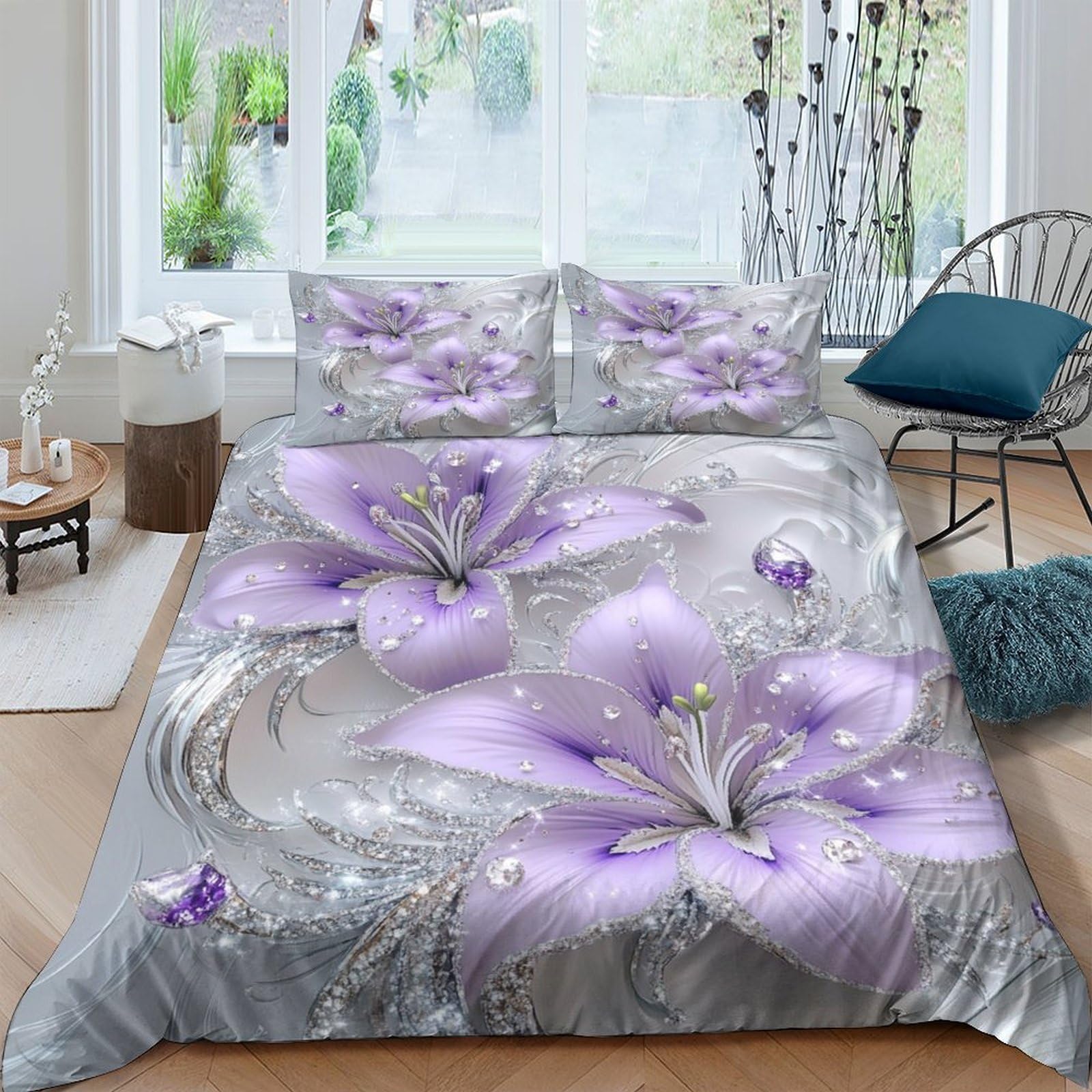 P5V6M1Q9 3D Printed Purple Lily Duvet Cover Microfiber Soft Breathable Silver Floral Bedding Set with 2 Pillowcases for Bedroom Decor Single（135x200cm）