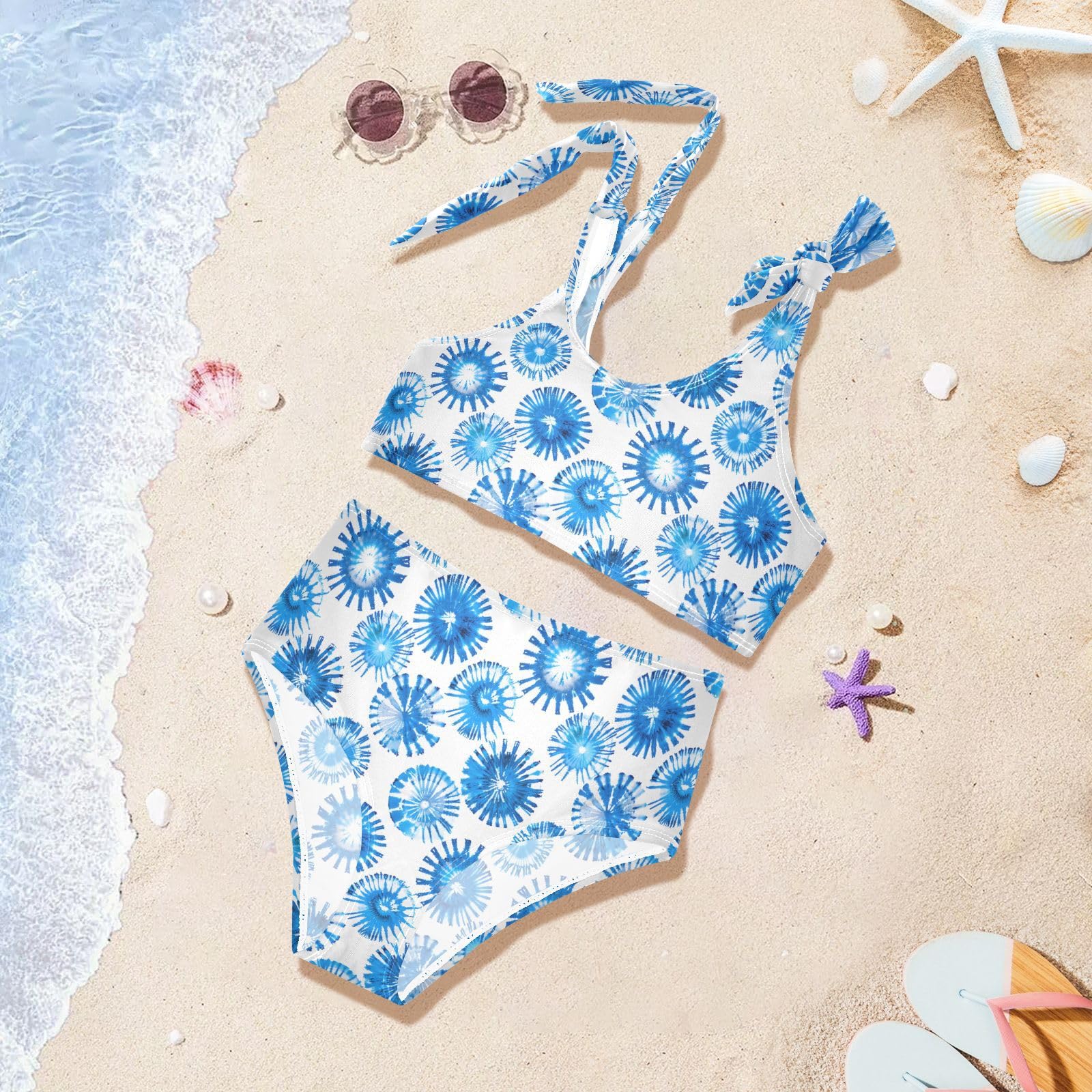Blue Tie Dye Circle Girls Two Piece Tankini Swimsuits Summer Bathing Suit Beach Swimwear Set, 4T