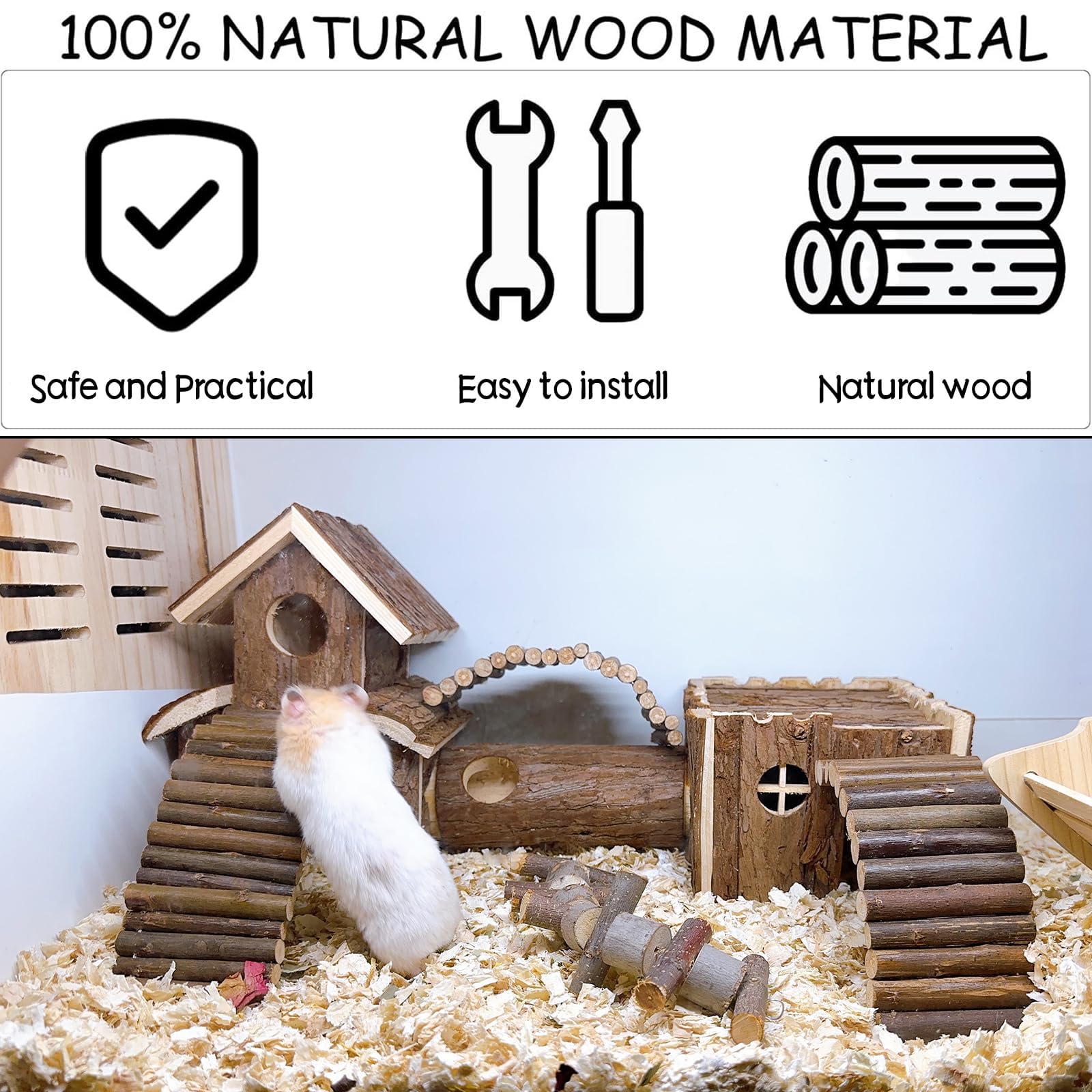 Hamiledyi Natürlicher Holz-Hamster-Tunnel, Spielplatz, Kleintiere, Mehrraum-Versteckhäuser, Häuser mit Kletterleitern und Brücke für Zwerghamster, Mäuse und andere Kleintiere, 47 x 22 x 15 cm