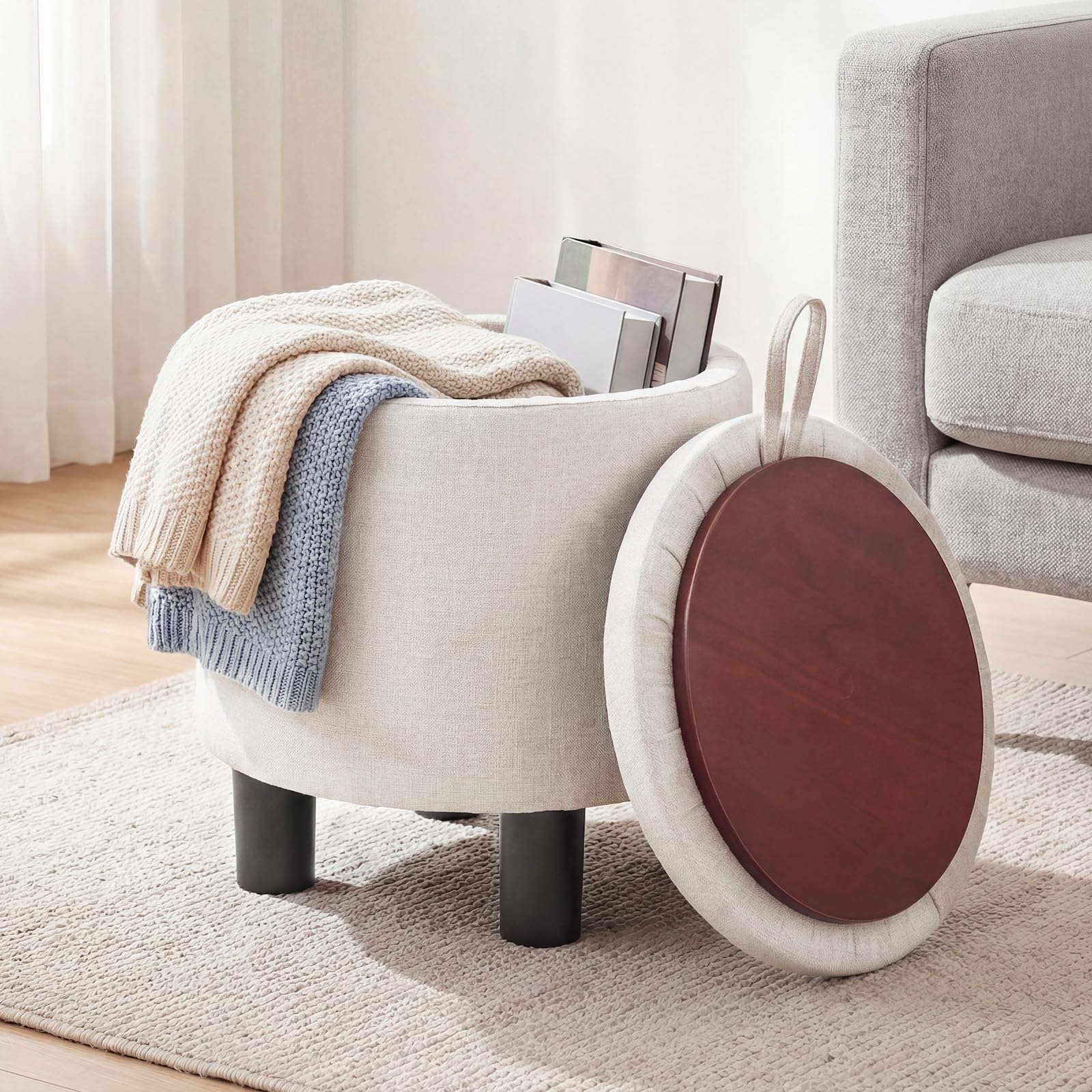COSTWAY Pouf Contenitore Rotondo, Sgabello Poggiapiedi in Tessuto, con Coperchio Rimovibile, Poggiapiedi per Soggiorno e Camera da Letto, 38 x 38 x 42 cm