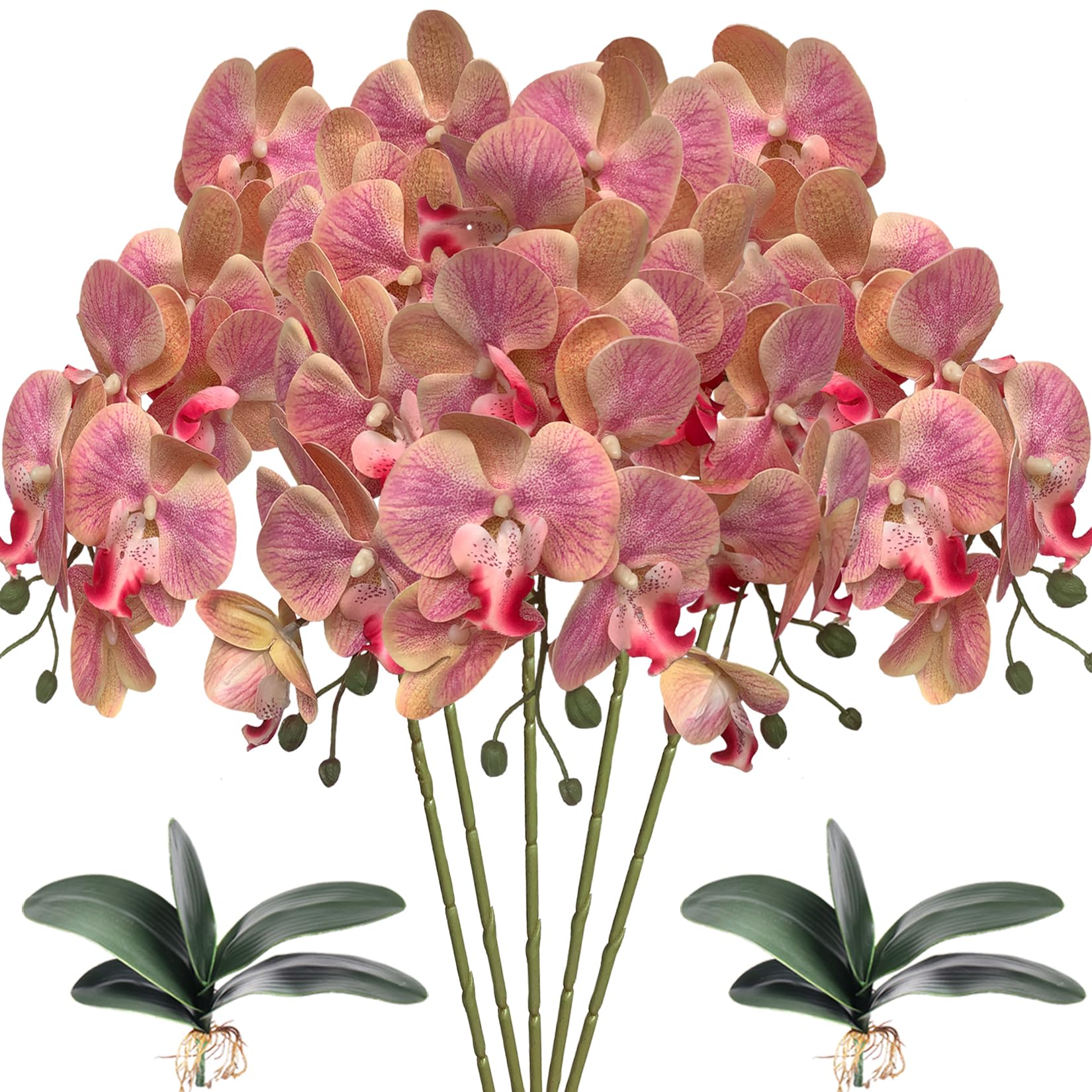 HinyoCo 5 Pcs Artificial Phalaenopsis Flowers and 2 Bundles Leaves,Artificial Orchid Flowers with 2 Bundles Leaves Stem Plants for Home Wedding Decoration (Pink)