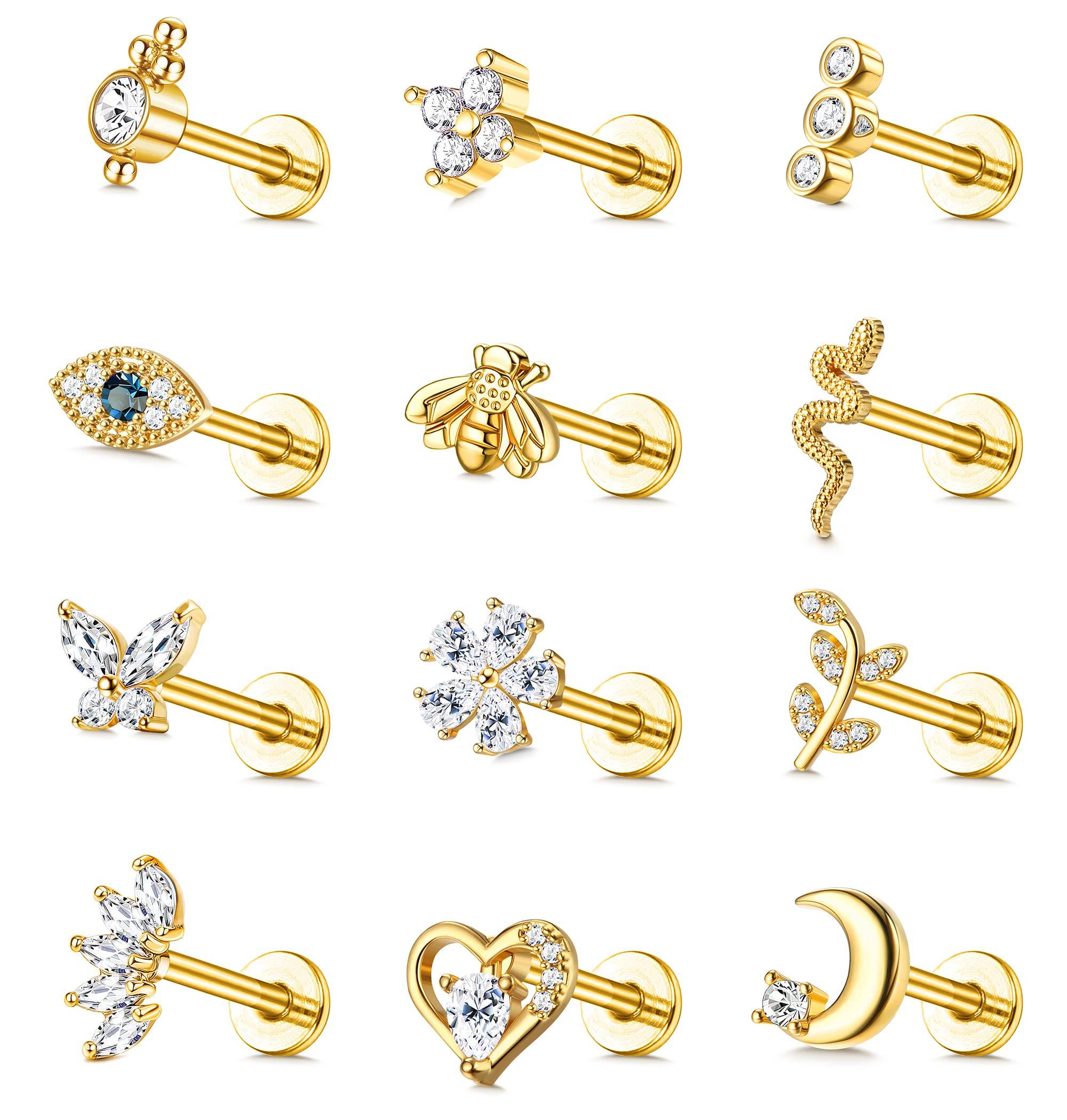 Finrezio12 Piezas 16G Pendientes Cartílago para Mujer Pendientes Helix Piercing Oreja Pendientes Trago Piercing Labret Mal Ojo Mariposa Pendientes Luna Conjunto Joyería Piercing