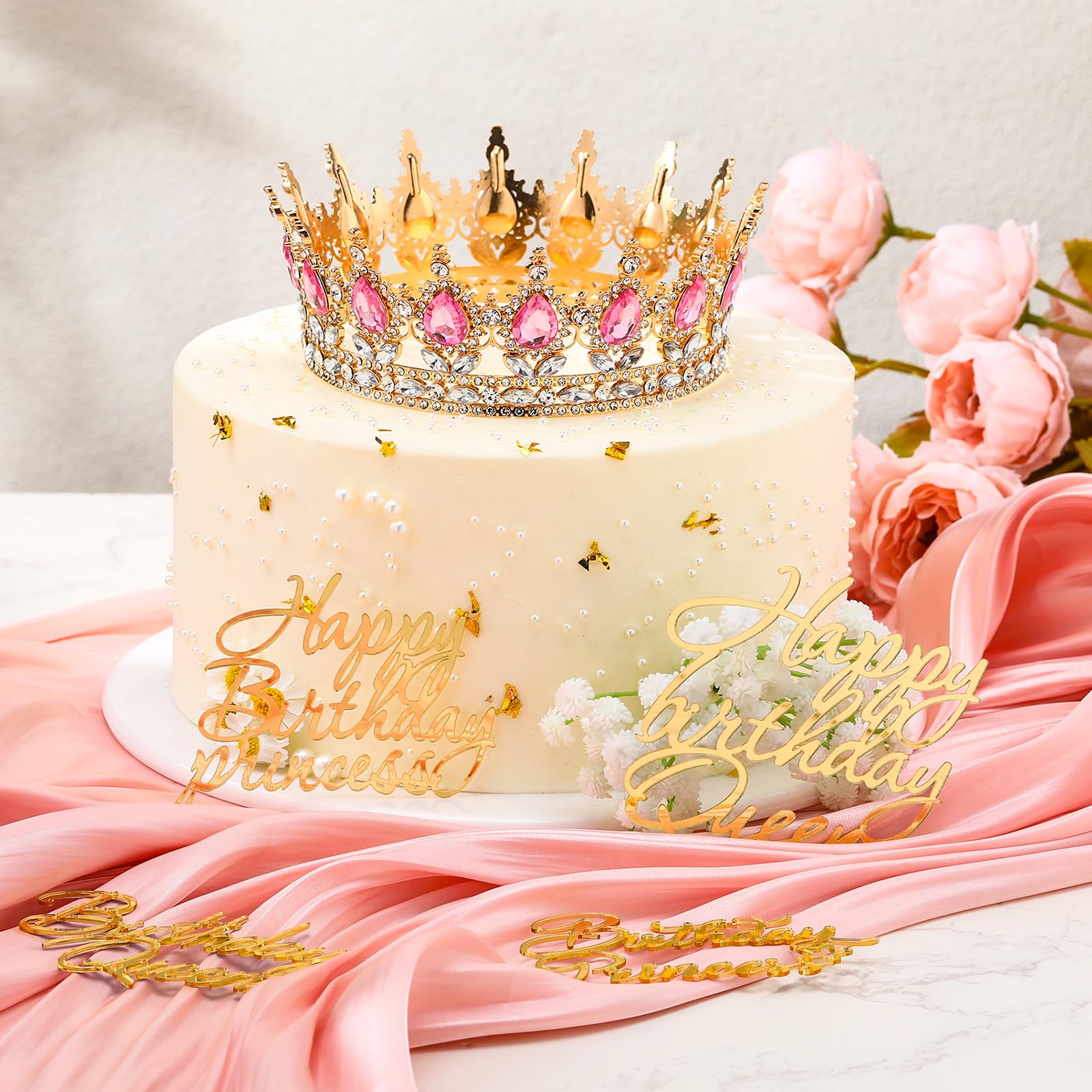 Corona di Compleanno per Torta per Donne e Ragazze Corona di Principessa Regina Tiara di Compleanno con 4 Decorazioni per Torta di Happy Birthday Princess Queen